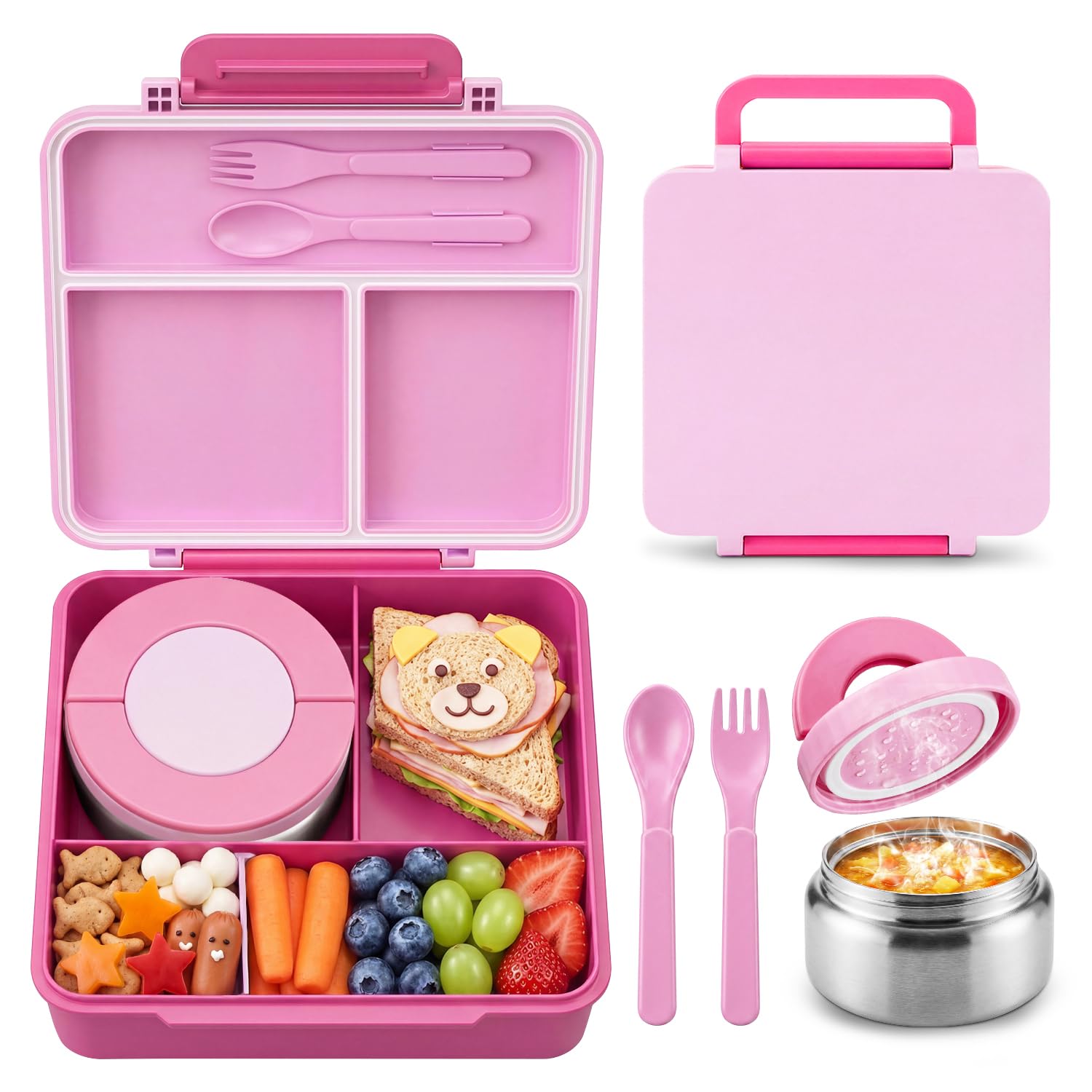 Adando Lunch Box for Kids: 1700ML Kids Lunch Box with 300ml Insulated Stainless Steel Leak-Proof Thermos Food Jar - 4-Compartments Bento Lunch Box for School, Boys and Girls (Pink) - Pink