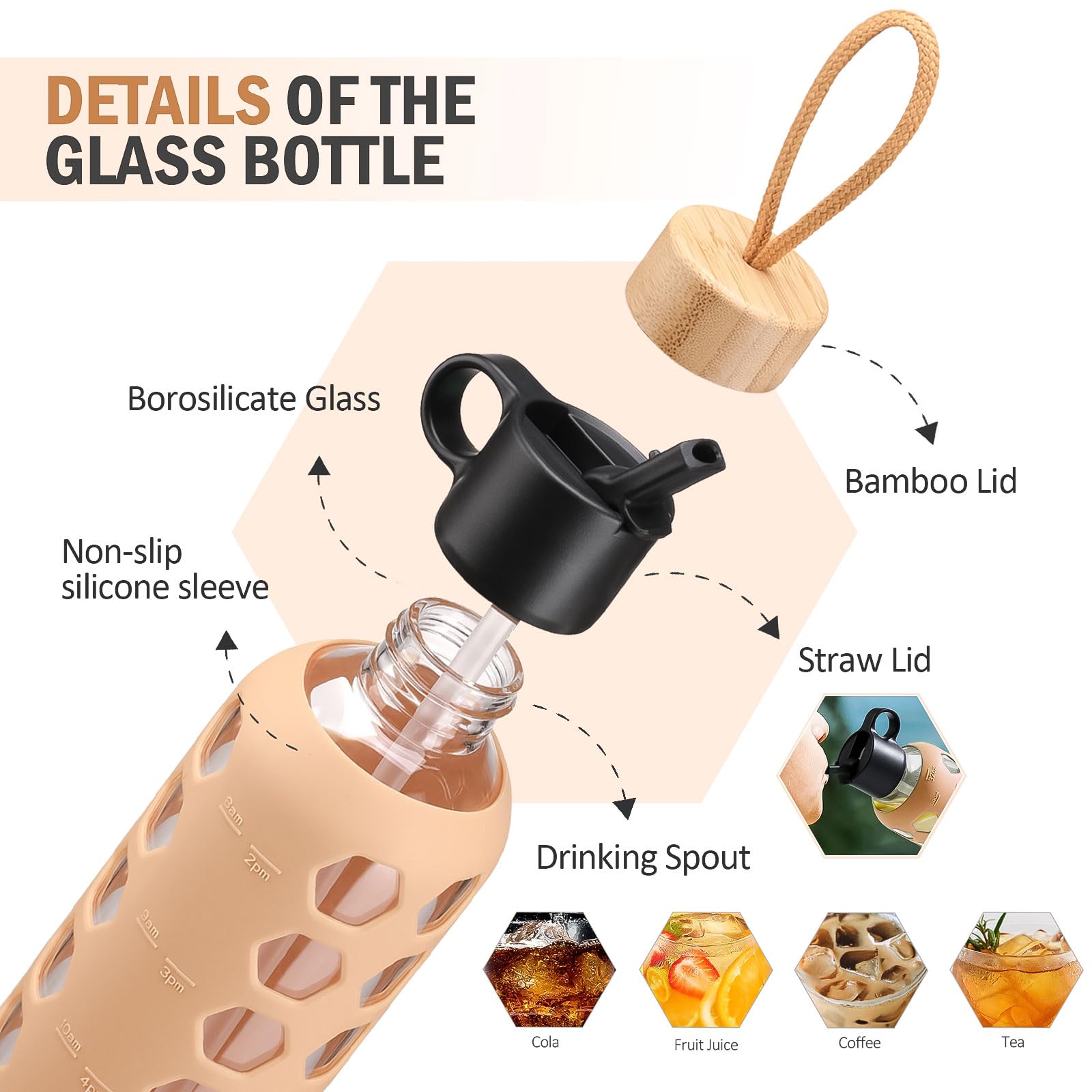 BLUEGO Borracce in vetro, 900ml Bicchiere in vetro, Bottiglie per bere con 2 coperchi, Bottiglia per l'acqua sportiva con custodia in silicone, A prova di perdite, Ambra