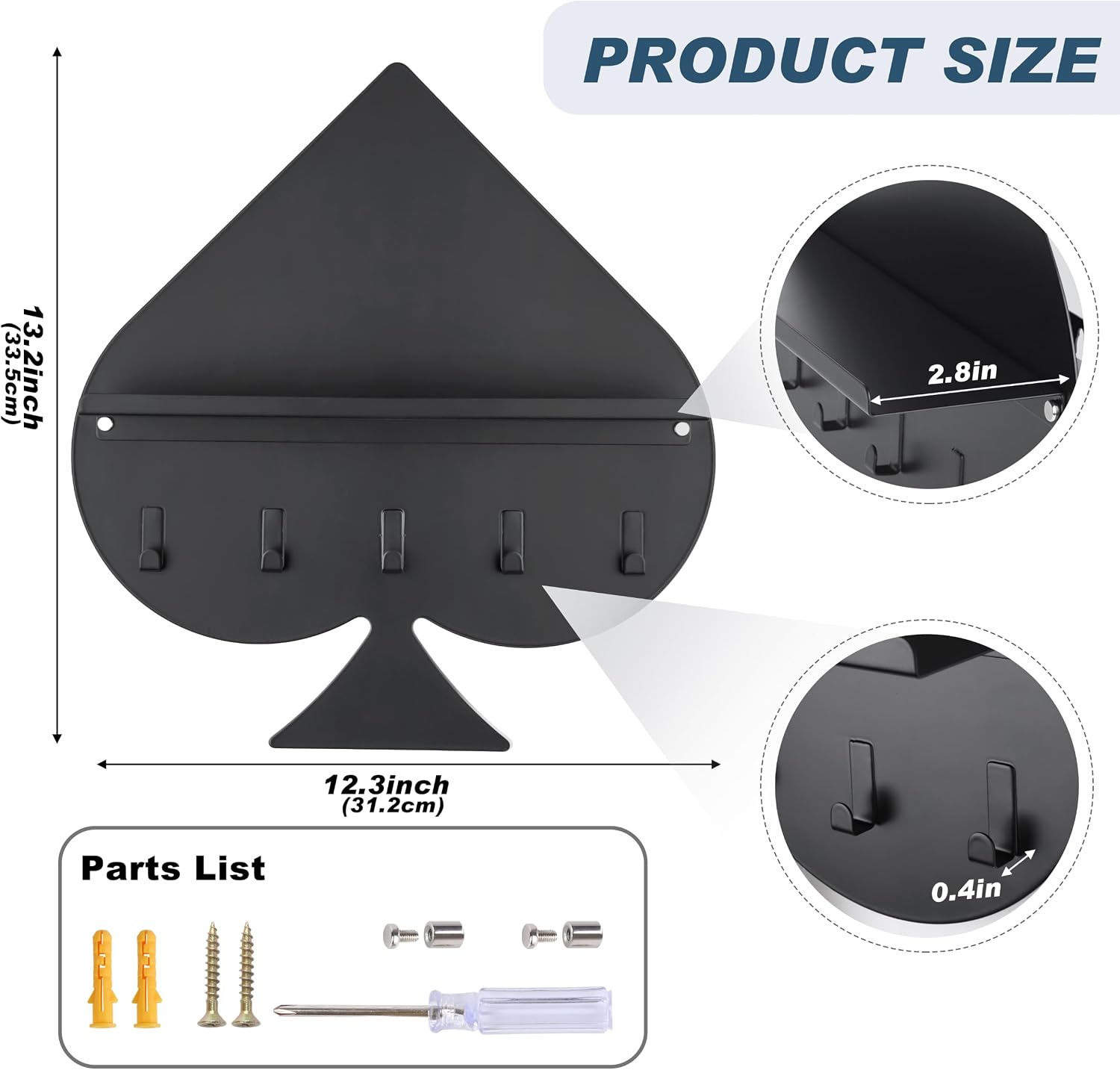 Gurfuy Key Holder for Wall with Shelf - Black Spade Metal Mail Organizer and Rack with Shelf Hooks Wall Mounted for Entryway Decor Magazines Letter Storage Farmhouse Living Room Bedroom Doorway image 2