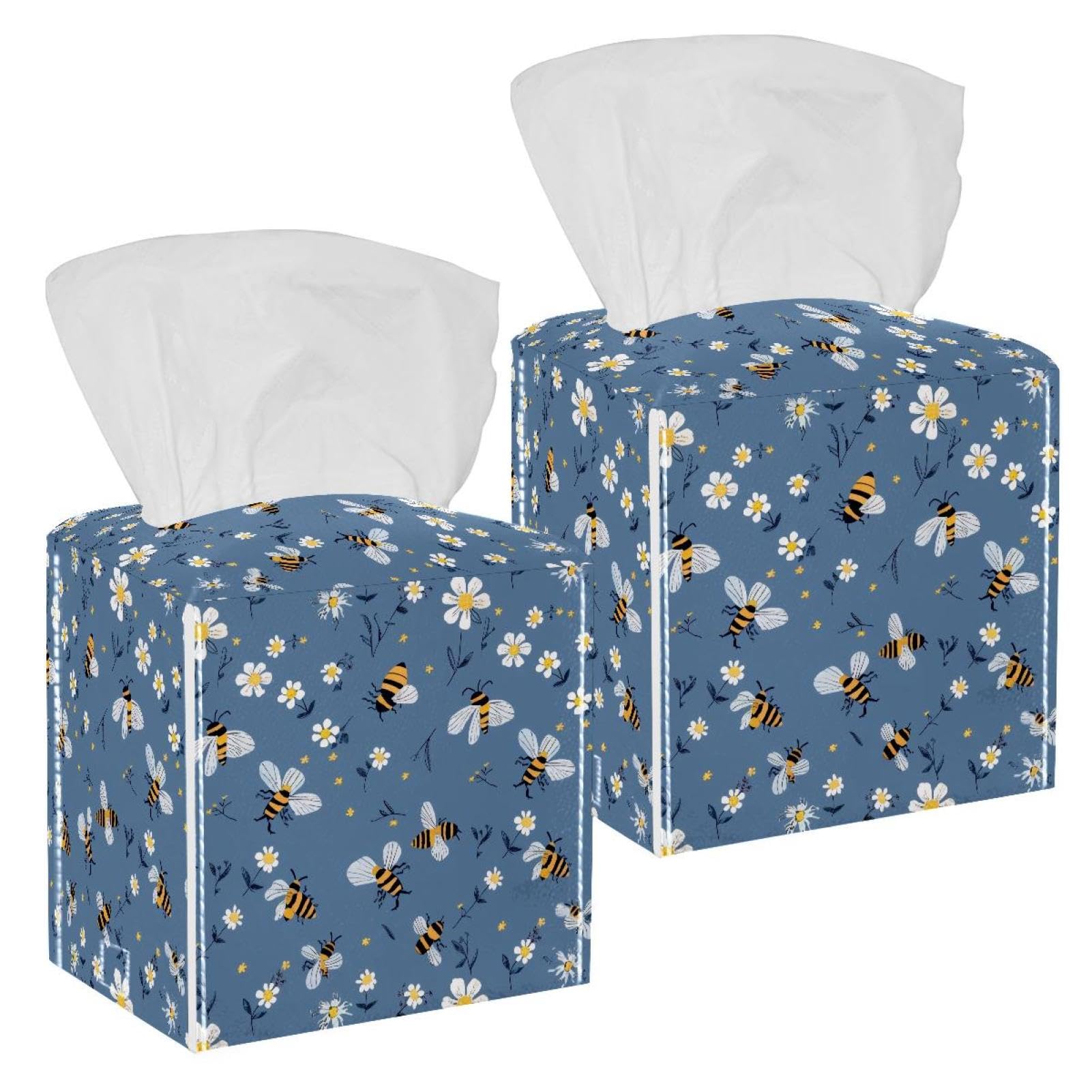 Bees Daisies Tissue Box Cover, 2 Pack PU Leather Square Facial Tissue Dispenser Box holder for Home Office Car