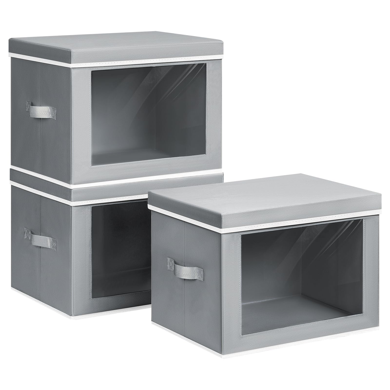 Homsorout Collapsible Storage Bins with Lids - Stackable Storage Containers with Window, 15.7 Inch Fabric Organizing Bins for Closet, Home &amp; Office Organization Baskets, Grey, 3 Pack