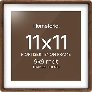 Homeforia 11x11 Mortise&Tenon Walnut Picture Frame, 9x9 Mat, Glass | High End Solid Oak Wood, Tempered Glass, Acid-Free 9x9 Removable Mat, 11x11 Edge-to-Edge Display, Wall Kit, Set Of 1