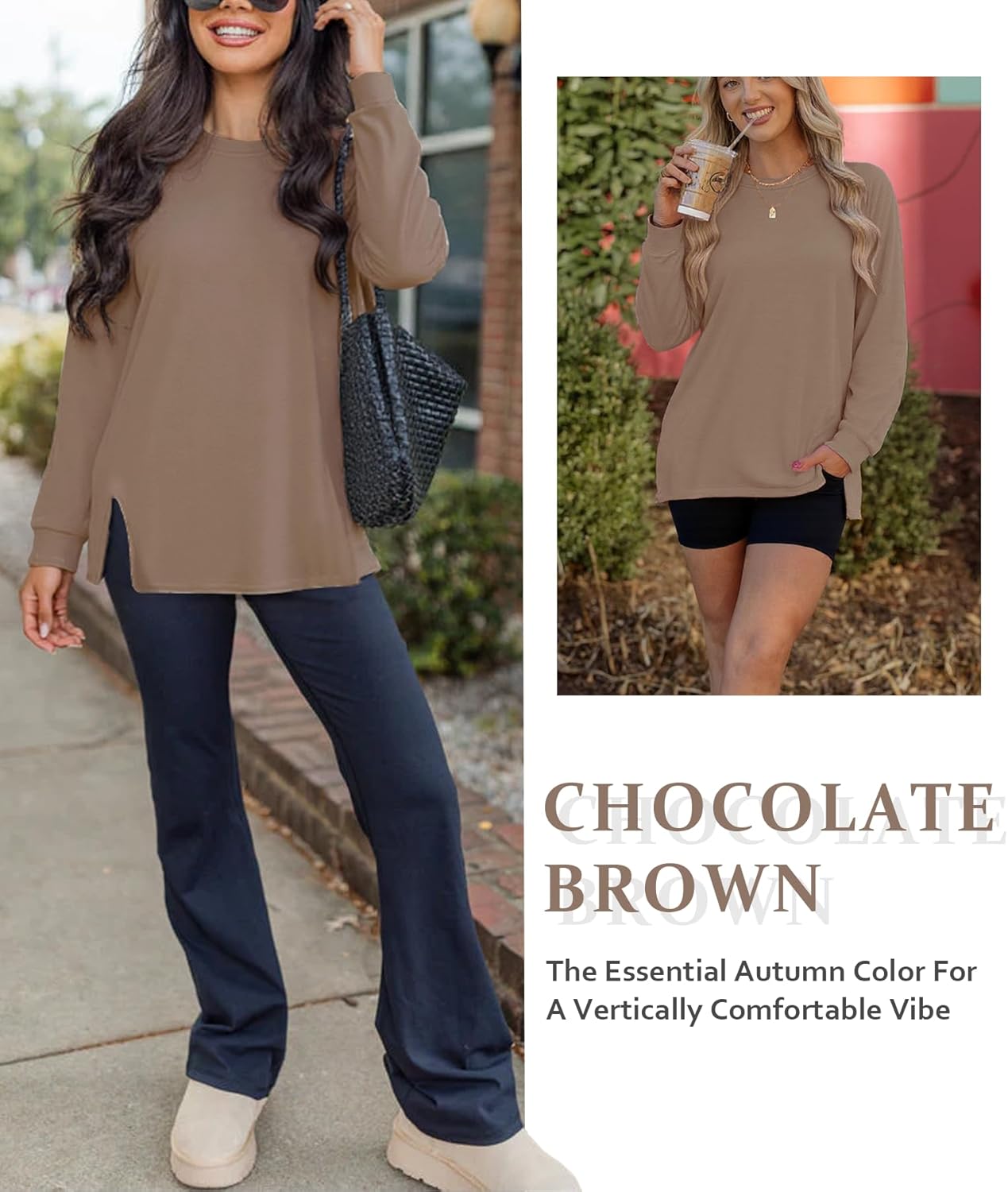 Odosalii Womens Crewneck Sweatshirt Loose Fit Long Sleeve Shirts Trendy Oversized Sweater Fashion Side Slit Pullover Tops - Image 4