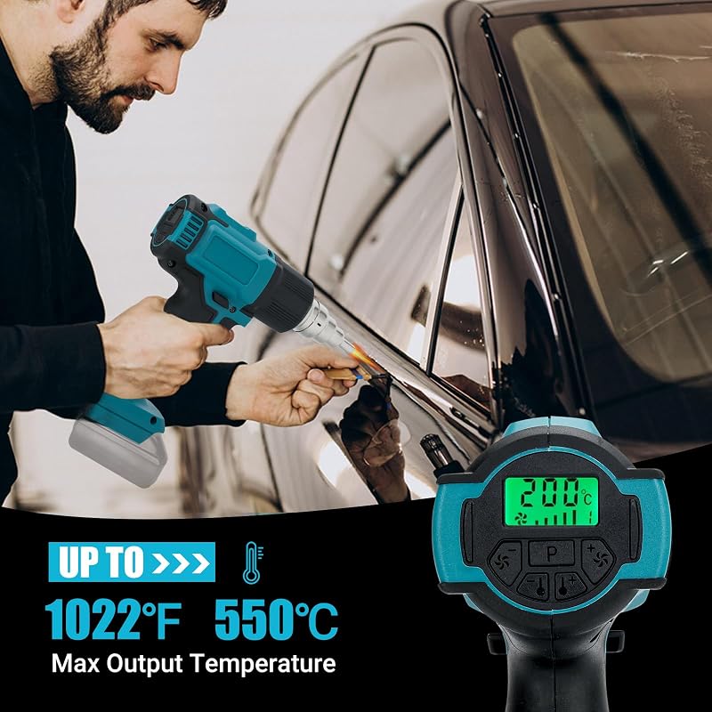 DriSubt Hőlégfúvó Makita 18V Akkumulátorokhoz - LCD Kijelző, 550°C, Állítható Hőmérséklet, 8 Fúvóka, Festékeltávolításhoz, Forrasztáshoz, Ba