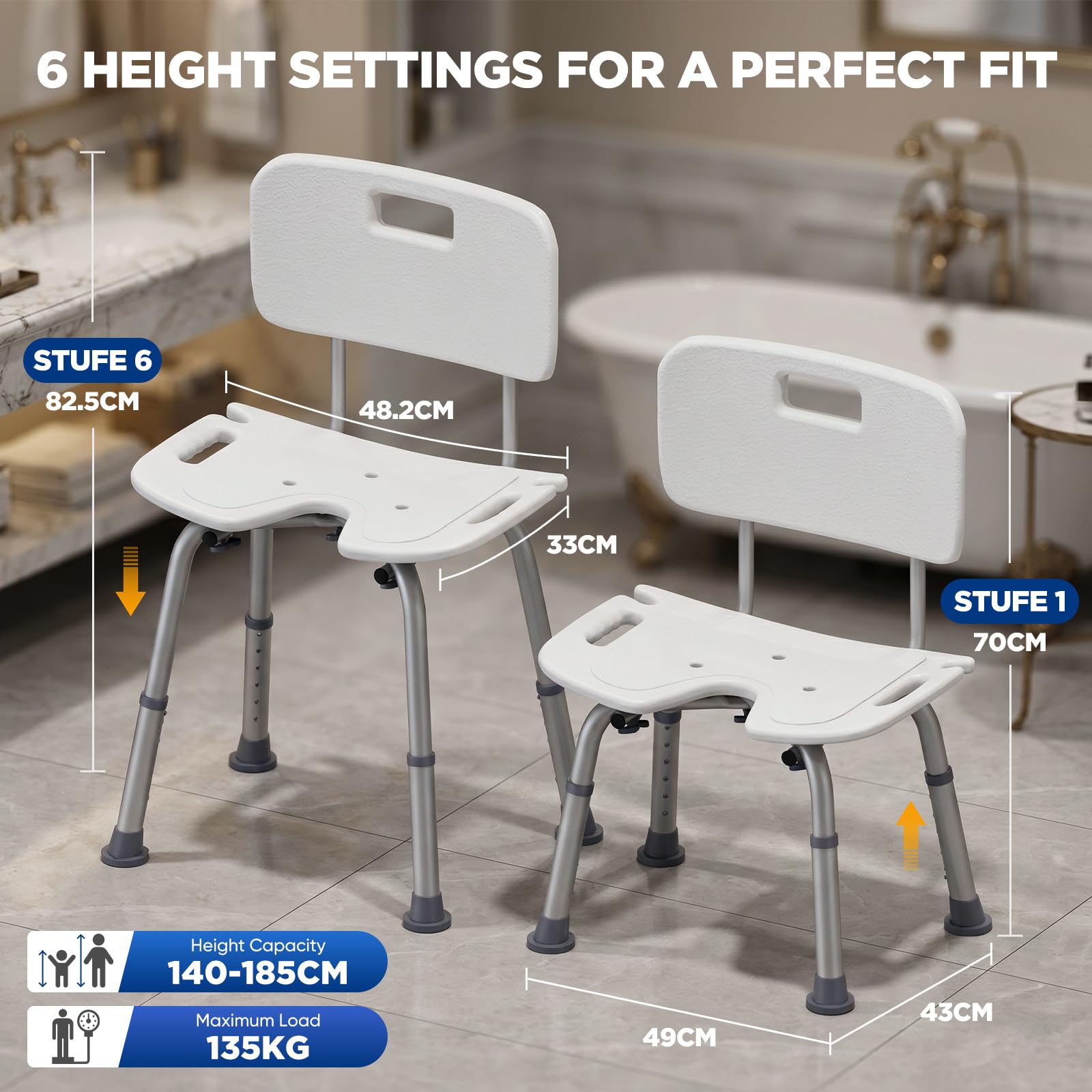 Silla de ducha con respaldo extraíble, taburete de ducha de altura ajustable para bañeras, asiento de ducha antideslizante para personas mayores y embarazadas, silla de ducha de aluminio con
