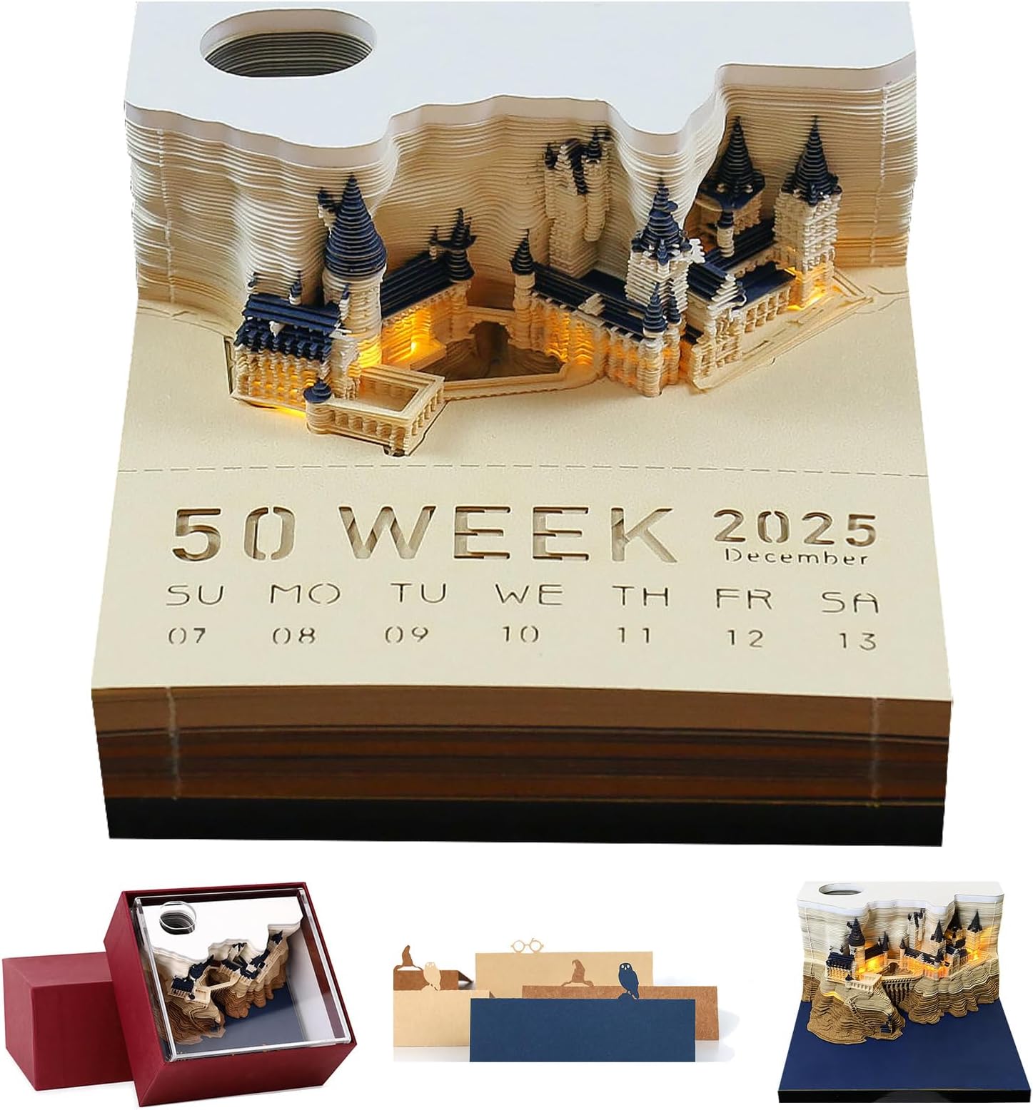 SIWEME 3D Memo Pad Calendar 2024,3D Magic Castle Weekly Calendar Notepad with Light&Holder,Time Piece Desk Calendar Memo Pad DIY Decoration Gift, 3.54x3.54x2.76in, BQ01, Dark Blue