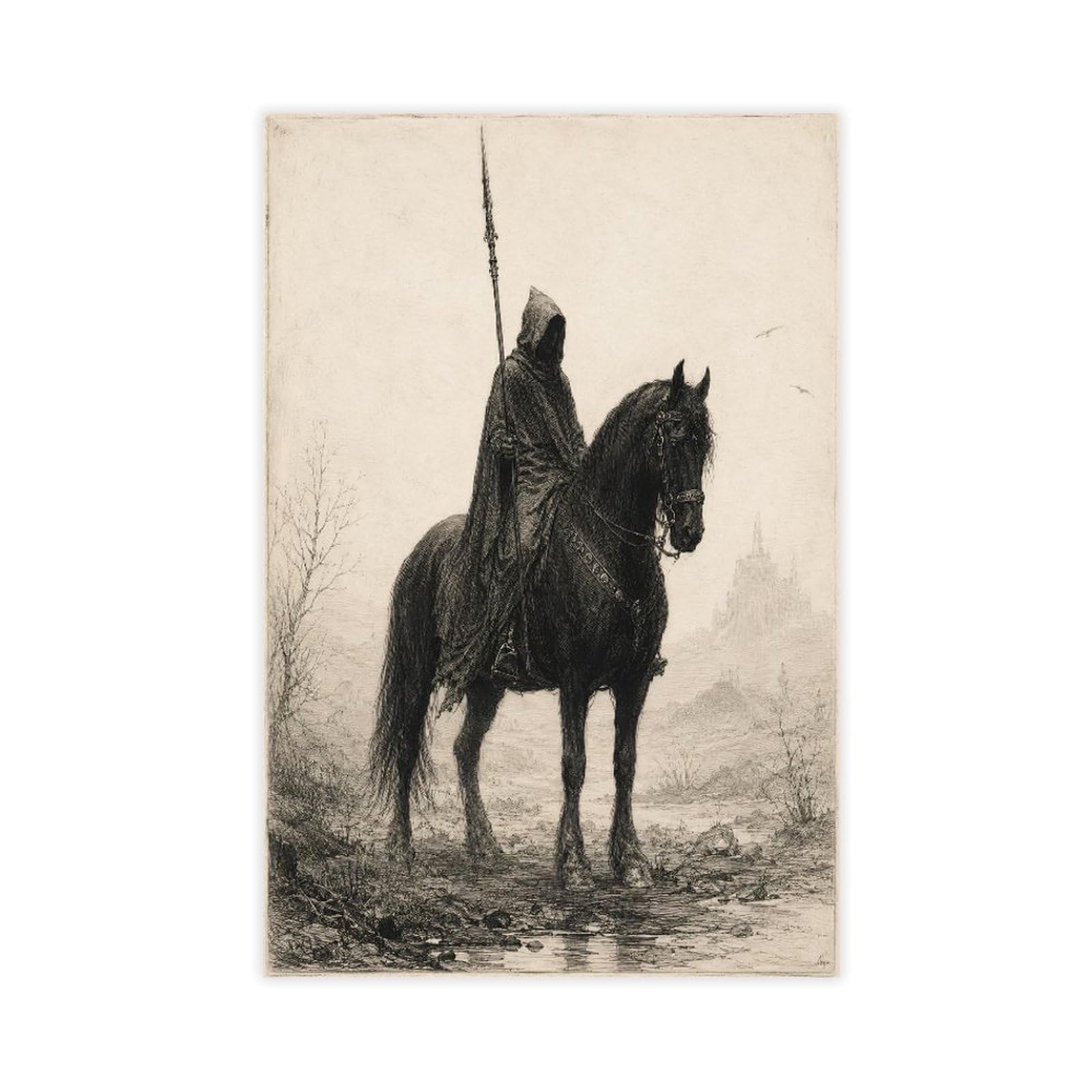 H3B8U2Y5 Lone Horseman Canvas Wall Art, Misty Landscape Asian Ink