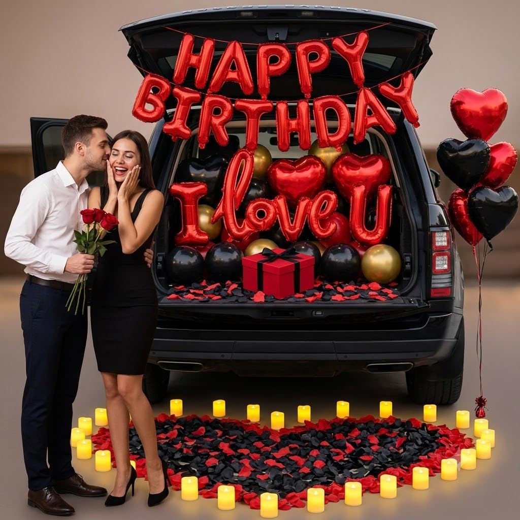 Décoration d'anniversaire rouge et noir, ballon d'amour, décorations romantiques de chambre d'hôtel, décorations d'anniversaire pour lui, elle, décoration d'anniversaire de mariage, Saint-Valentin