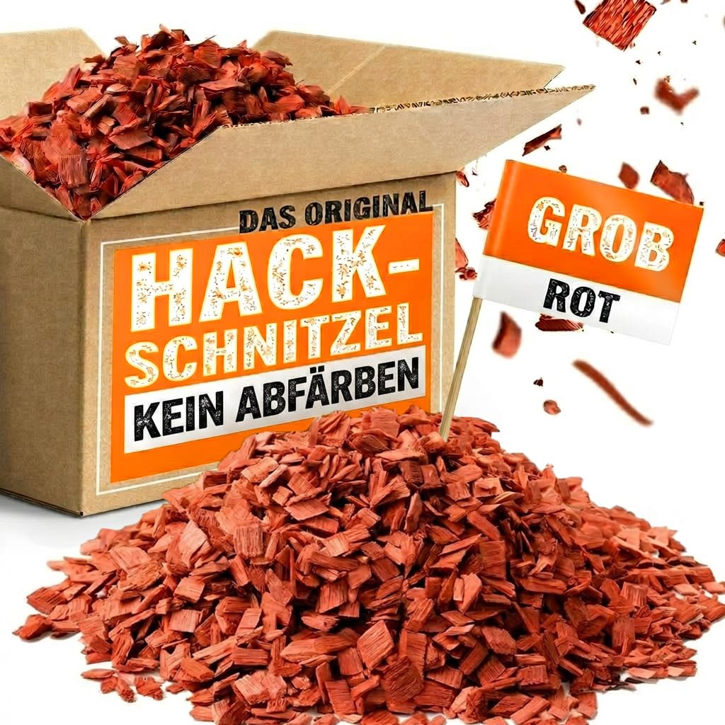 Hackschnitzel rot 100L (2x50L) | Kein Abfärben | Extra Lange Haltbarkeit durch Technische Trocknung | 10-40mm Dekormulch Ziegelrot | Premium Holzmulch