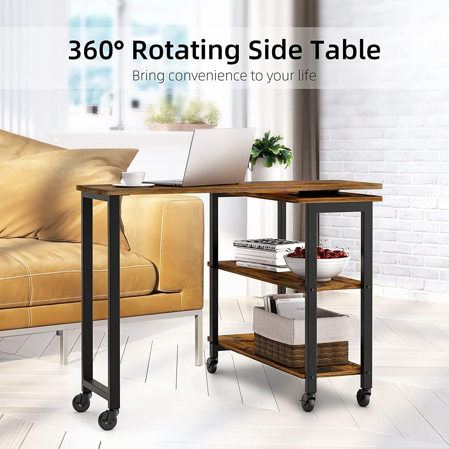 IDEALHOUSE 360 Rotatable Sofa Side Table with 2-Tier Storage Shelves, Movable Laptop Table with Sturdy Metal Frame, Couch Snack Table for Home, Rustic Brown