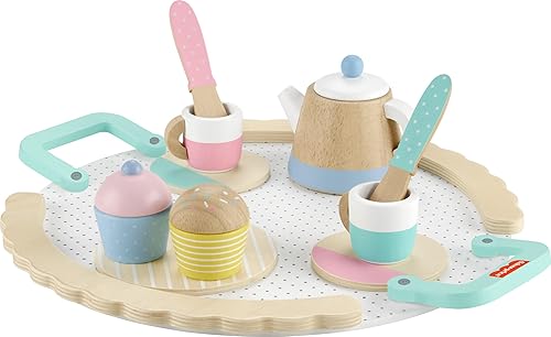 Miniatura 6 de Fisher-Price Juego de té de juguete de simulación de madera, juego de madera de 12 piezas con tetera, tazas y platillos para niños preescolares a