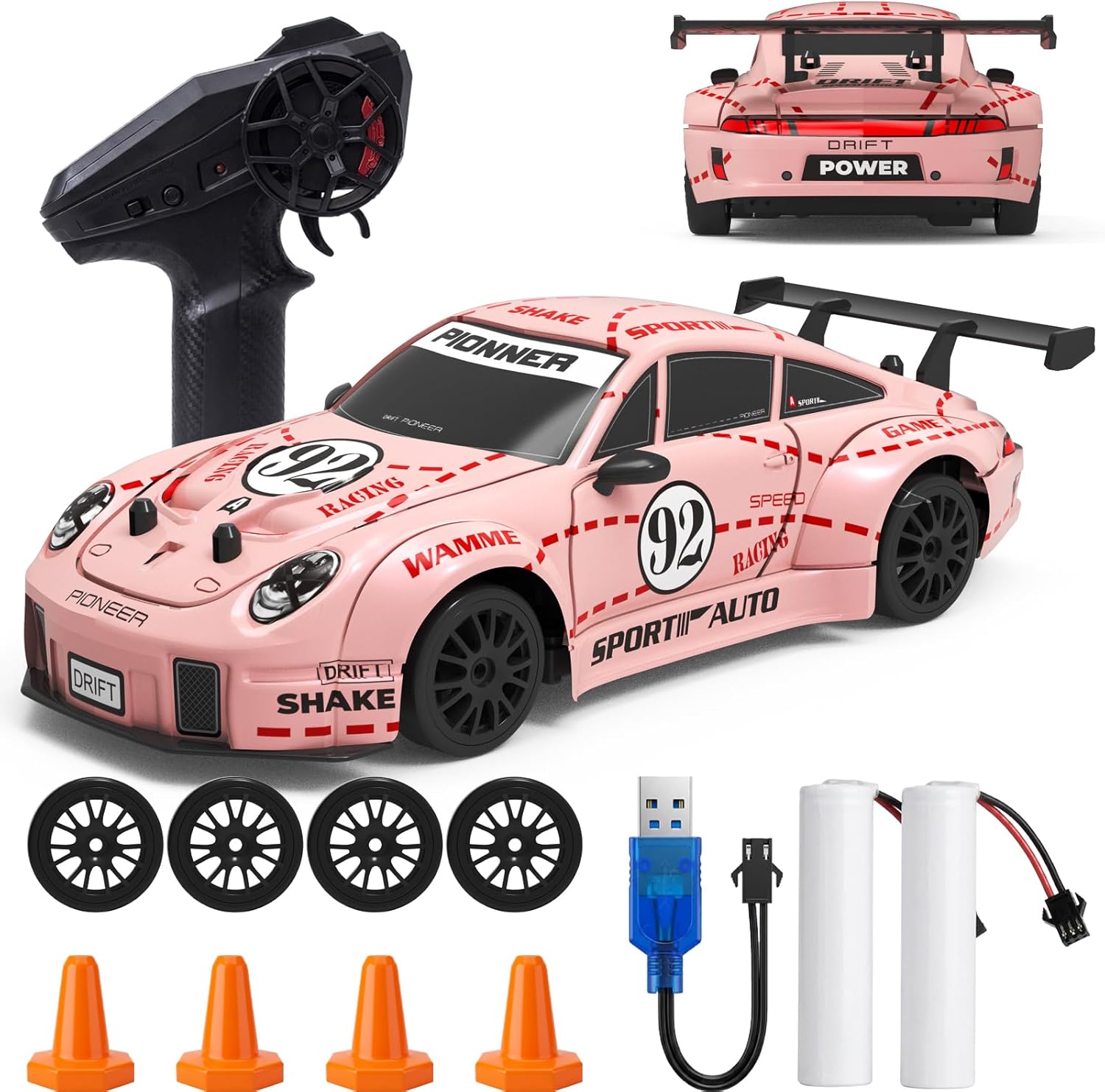 RC Drift Car, 1:24 4WD Remote Control Car with LED Lights, 2.4 GHz High Speed RC Car, Dual Batteries & Extra Drifting Tires, Racing Sport Toy for Kids Adults Boys Girls