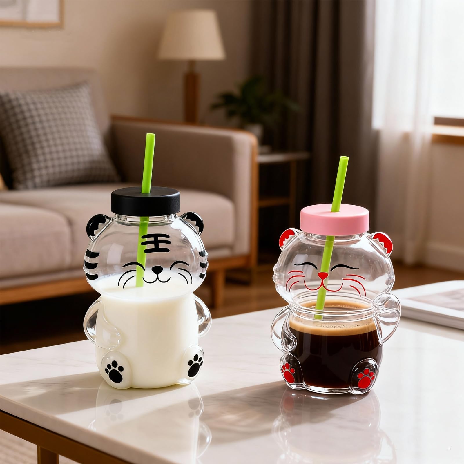 Taza de cristal fácil de usar, adorable forma de oso, a prueba de derrames, construcción resistente para bebidas frías y calientes, adorable diseño de oso, tapa a prueba de fugas, segura