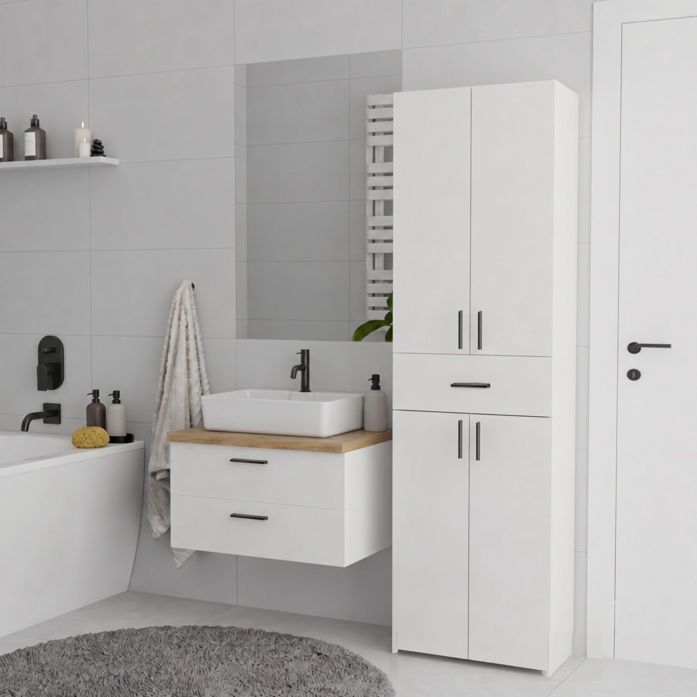 Columna de Baño con Cajón y 4 Puertas, Blanco | Mueble de Baño Estrecho, Armario de Almacenamiento, Mueble Una estantería Ideal también para el salón y la Cocina
