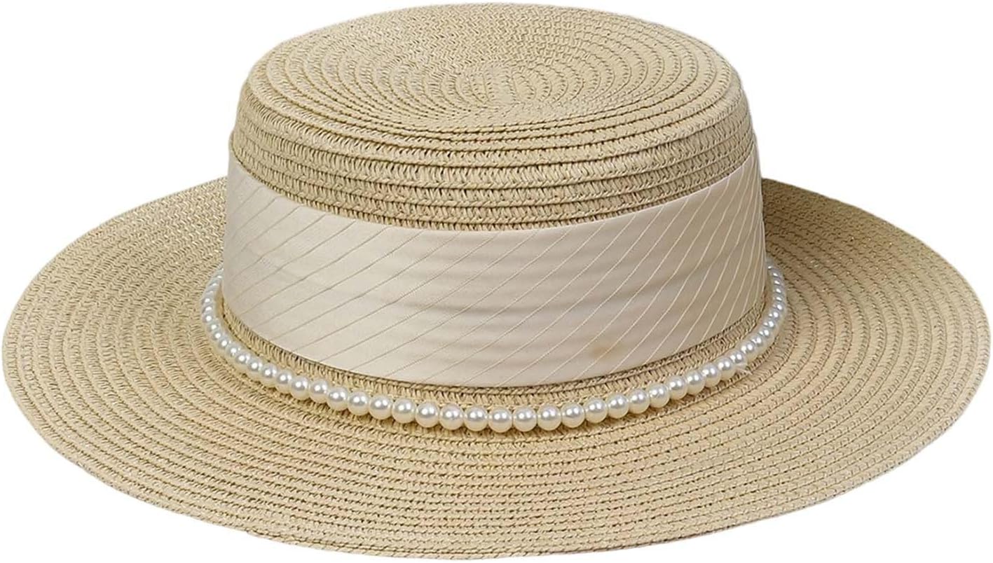 Sun Hats for Women Beach Straw Small Brim Pearl Decor Visor Hats Retro Lightweight Travel Caps for Holiday Vacation