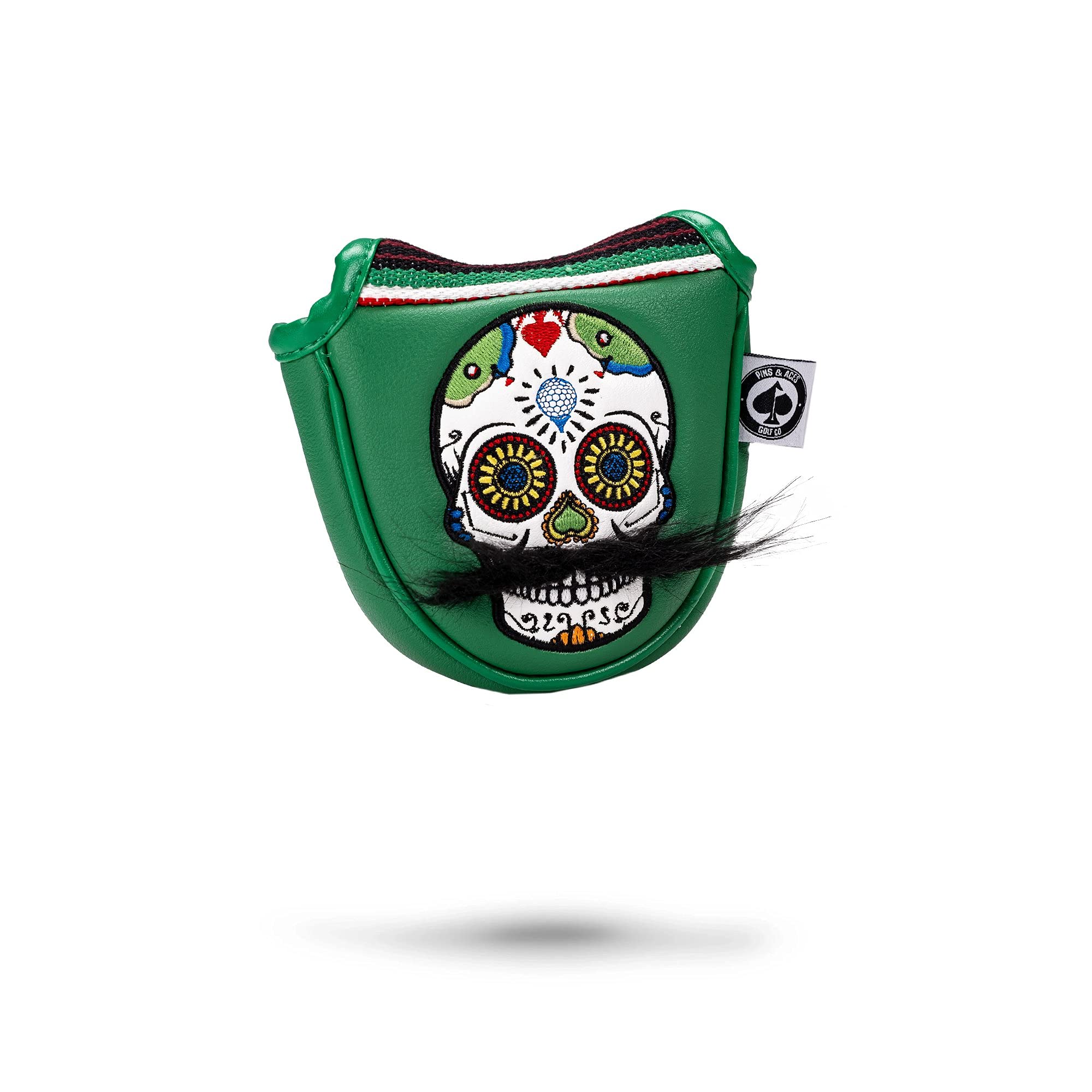 Pins & AcesLE Sugar Skull Mustache Mallet Putter Head Cover - Premium, Hand-Made Leather Putter Headcover - Funny, Tour Quality Golf Club Cover - Style and Customize Your Golf Bag