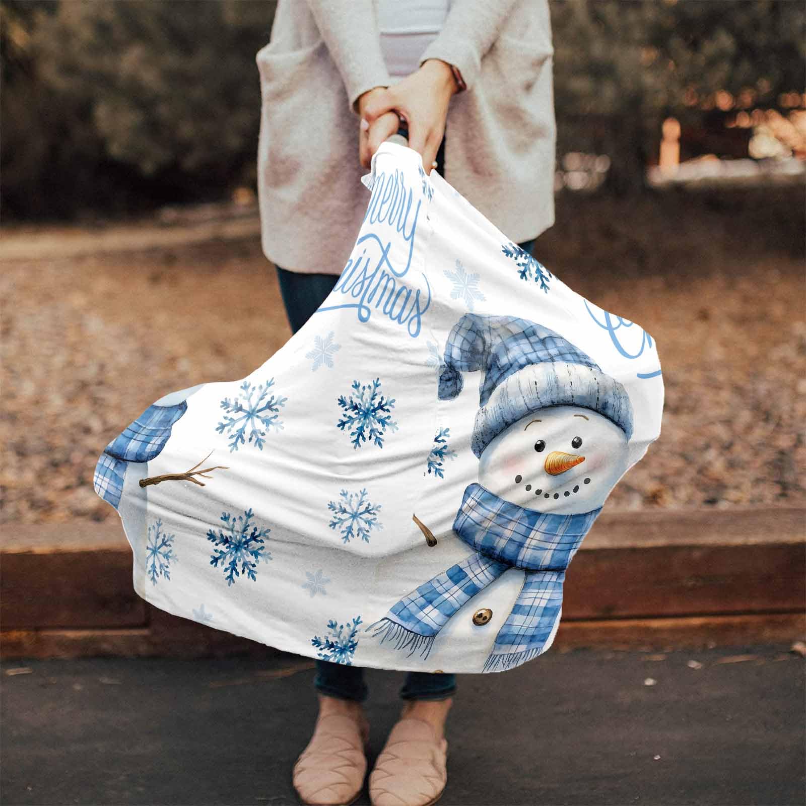 Nursing Cover for Breastfeeding Scarf, Christmas Winter Blue Snowflakes Snowman Baby Car Covers Super Soft Multi Use for Canopy Shopping Cart Cover Blanket Stroller Cover