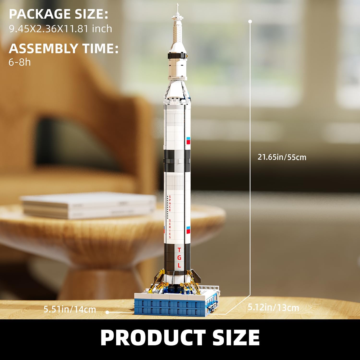 TYCOLE Space Rocket model with dimensions indicated: 21.65 inches height, 5.51 inches width, 5.12 inches depth.