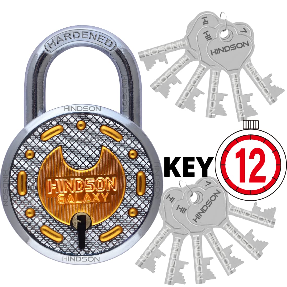 HINDSON Galaxy Round 65mm Lock | Metal Body | Double Locking | Hardened Shackle | 8 Steel Lever | 12 Silver Keys with Keychain | Silver and Gold Finsih | Made in India — Amazon image 6