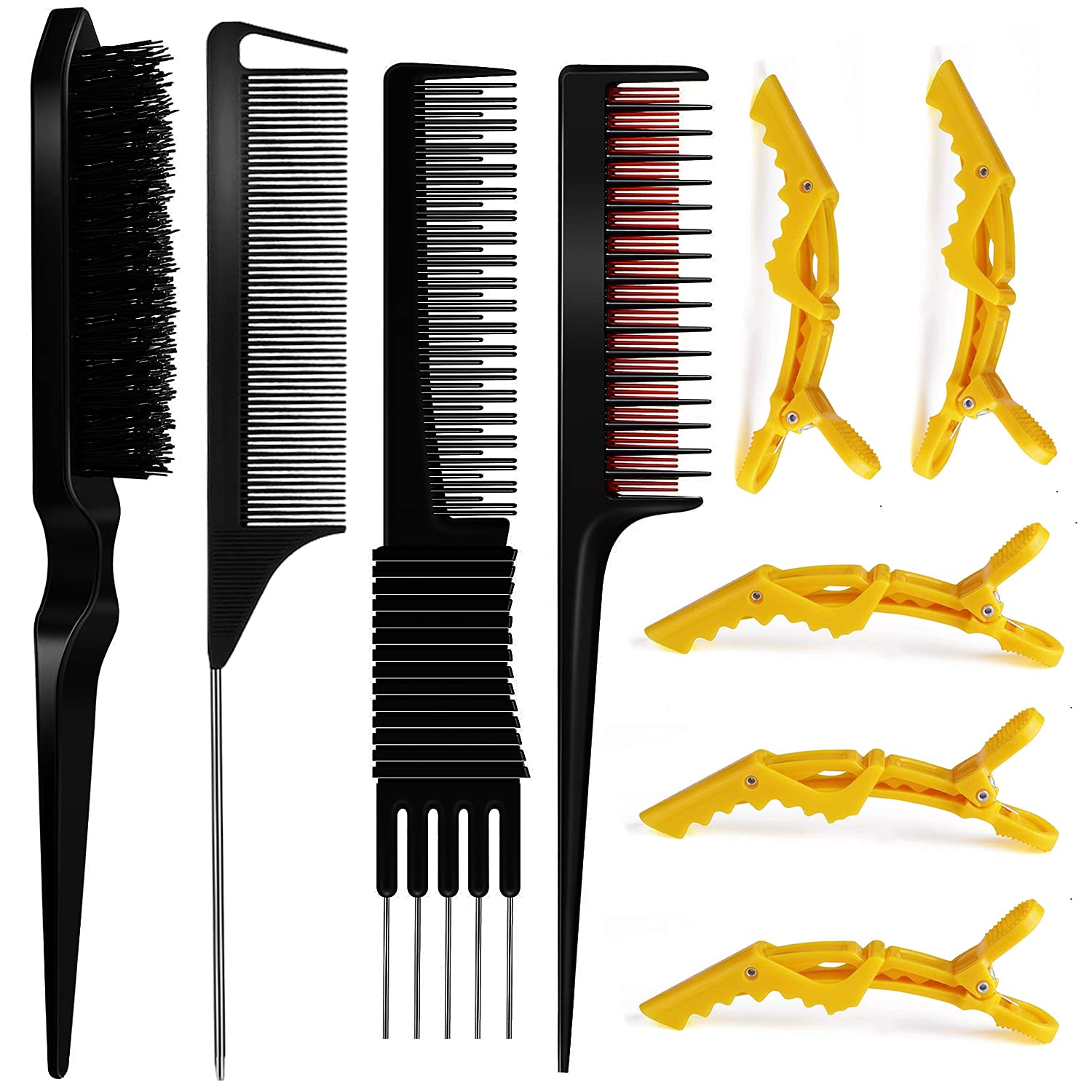 9 Pieces Hair Styling Comb Set,Rattail Comb Pintail Comb Teasing Comb,Teasing Hair Brush Fluffy Hair Brush,Triple Teasing Comb,Black Carbon Lift Teasing Combs with Metal Prong,Alligator Hair Clips