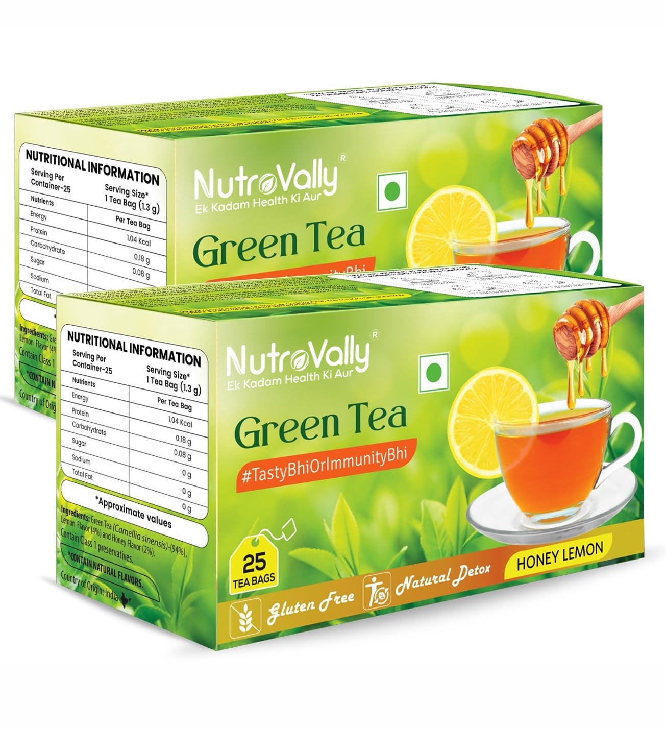 NutroVally Green Tea | Refreshing Green Tea Bags With Delicious Lemon & Honey Flavour | Helps Burn Body Fat, Boosts Energy, Low Calories | Easy to Brew | Makes 50 Cups (Pack of 2, 25 Tea Bags)