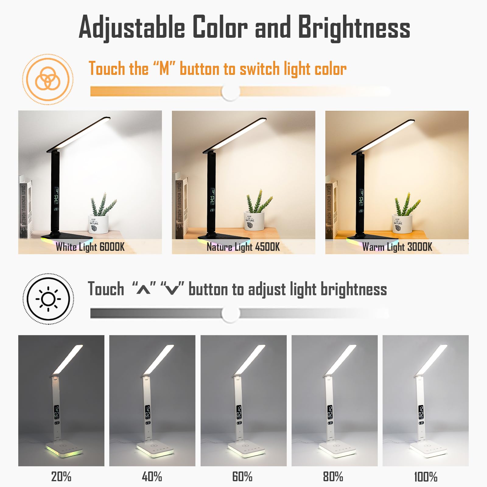 Lampada da tavolo a LED con ricarica wireless e cablata, lampada da tavolo pieghevole, 5 luminosità e 3 modalità di illuminazione, visualizzazione ora e temperatura, luce notturna RGB