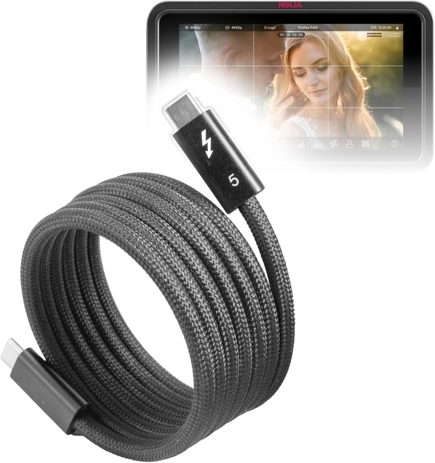 BoxWave Cable Compatible with Atomos Ninja TX GO 5.2" HDMI Wi-Fi-Enabled Camera Monitor/Recorder - SnapWrap Thunderbolt 5.0 Cable (5ft 240W), Magnetic Self-Coiling Nylon Braided Retractable