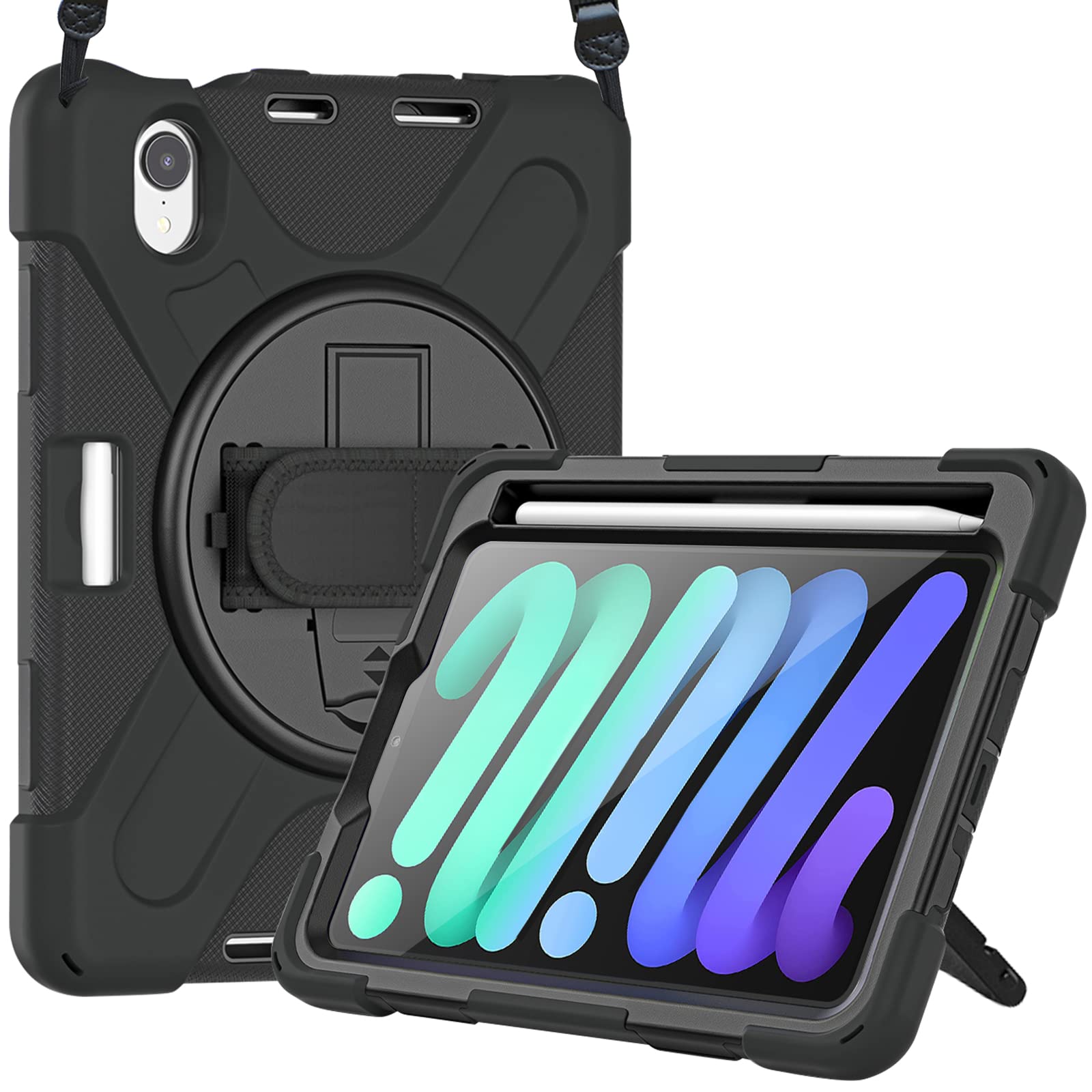 ProCase Rugged Case for New iPad Mini 6 2021 8.3" with Built-in Screen Protector, Heavy Duty Shockproof 360 Rotating Kickstand Full Protective Cover for iPad Mini 6th Generation 8.3 Inch -Black