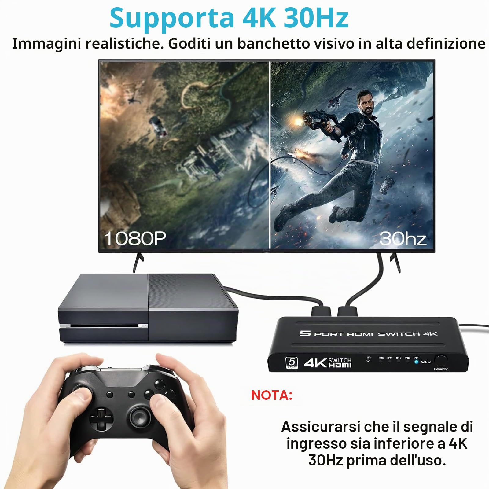 TCNEWCL Switch HDMI 5 in 1 out, 5x1 Sdoppiatore 4K Splitter HDMI con Telecomando, Supporta 4K, 3D, 1080P, Full HD, HDCP per HDTV Xbox PS5 PS4 Blu-Ray DVD