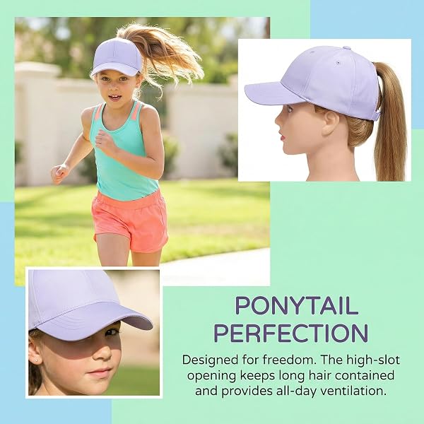 YAMEE Casquette de Baseball pour Filles Réglable,Chapeau de Soleil Fille Queue de Cheval Doux Confortable,Casquette Enfant Lumière Respirante Anti-Soleil,Chapeau de Sport Extérieur Loisirs D'été - 3