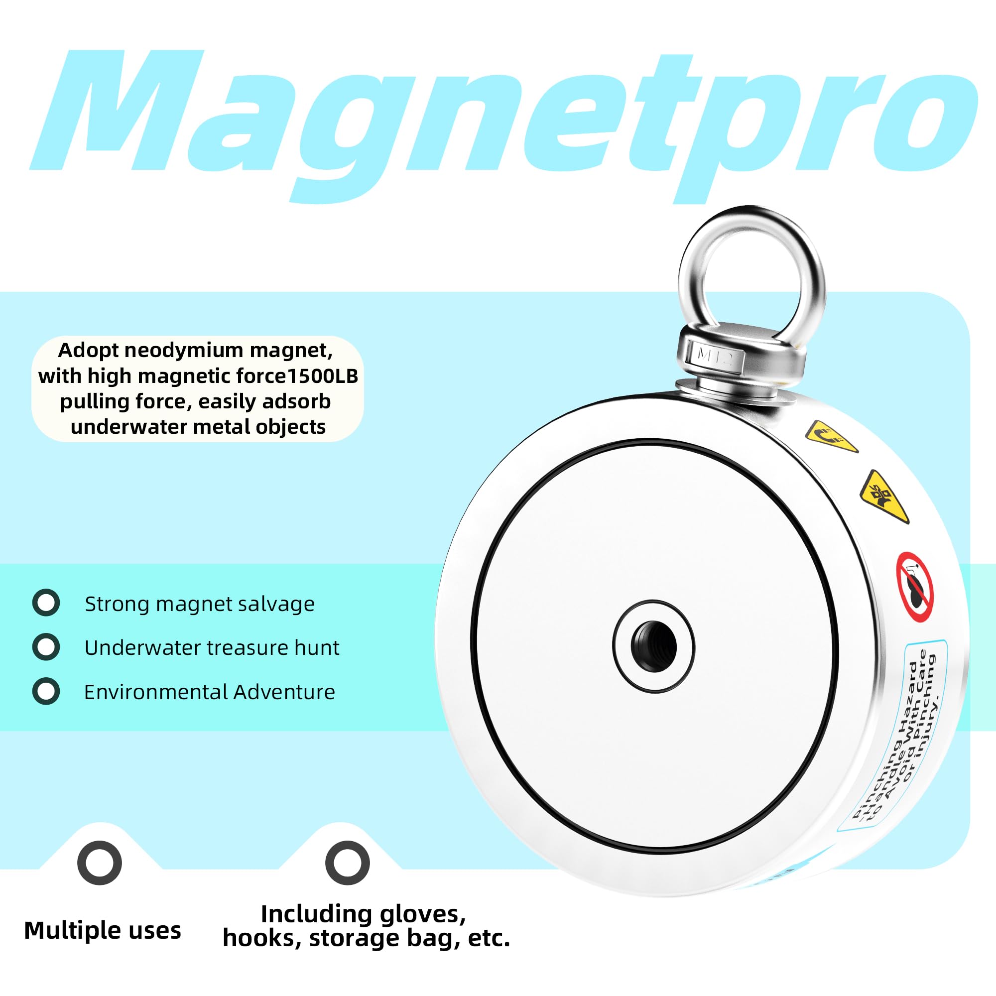 Magnetpro 1360 kg, kompletny zestaw magnesów przychodzących, dwustronny magnes wędkarski, zawiera silny magnes neodymowy, trwała linka o długości 20 m, karabińczyk, rękawiczki, haczyk i torbę do