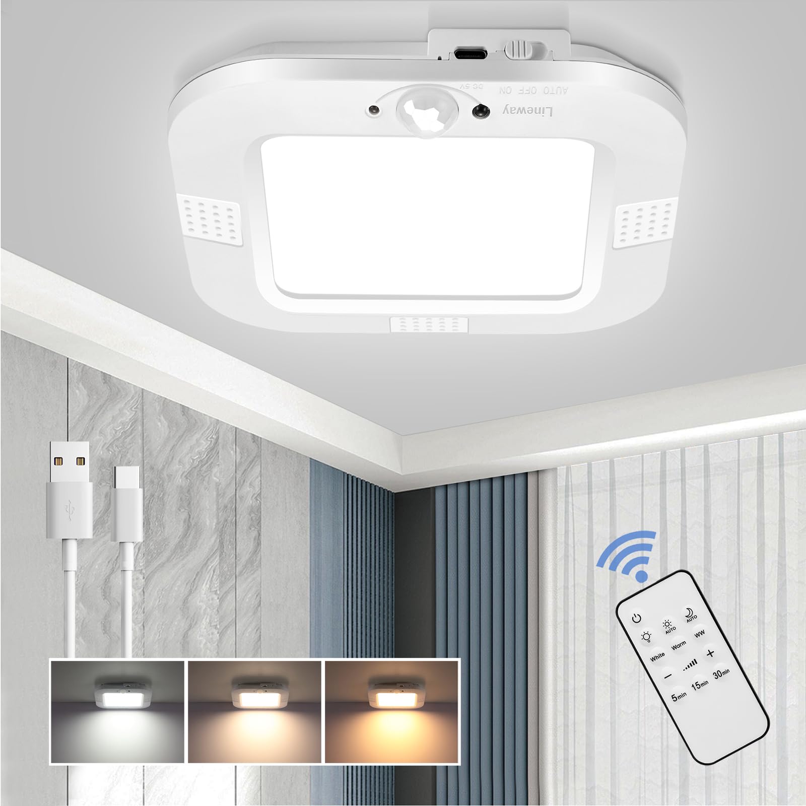 Battery Operated Ceiling Light Rechargeable Closet Light Motion Sensor with Remote, Wireless Closet Light Battery Powered Rechargeable Ceiling Light Motion Sensor Shower Light for Shed Stairs Hallway