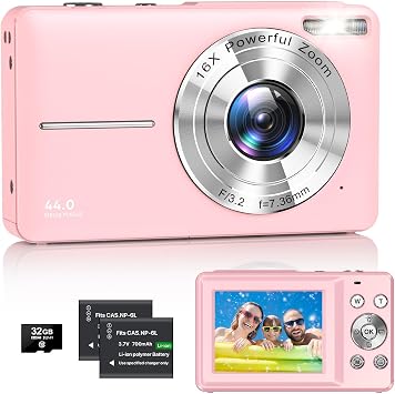 Digital Camera, FHD Video Recording, 44 Million Pixels, Digital Camera, Auto Focus, 16x Digital Zoom, Continuous Shooting, Image Stabilization, 32GB Micro SD Card Included, 2 Large Capacity Batteries