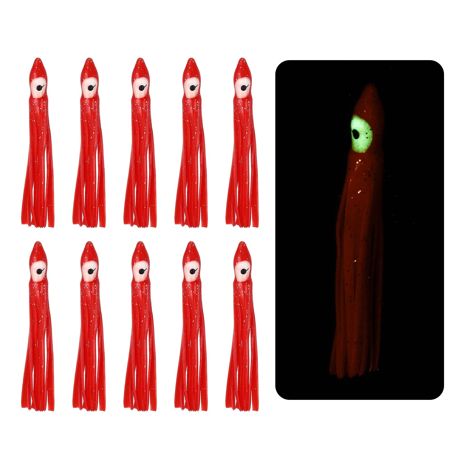 YELARXI Fishing Squid Skirts Lures Glow Soft, 3.5 x 0.4 Inch & 10 Pcs & Dark Red