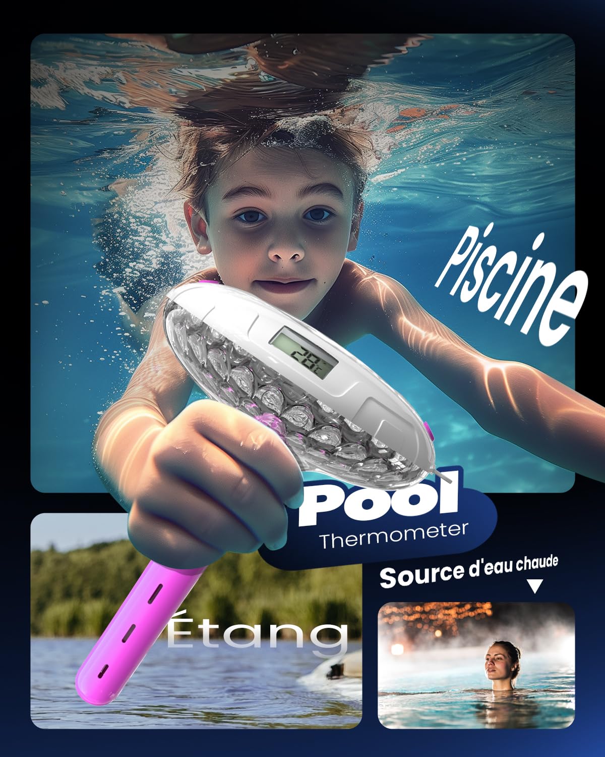 Lampe de piscine solaire avec double écran LCD, thermomètre de piscine flottant facile à lire, 8 effets lumineux dynamiques, thermomètre numérique étanche IPX7