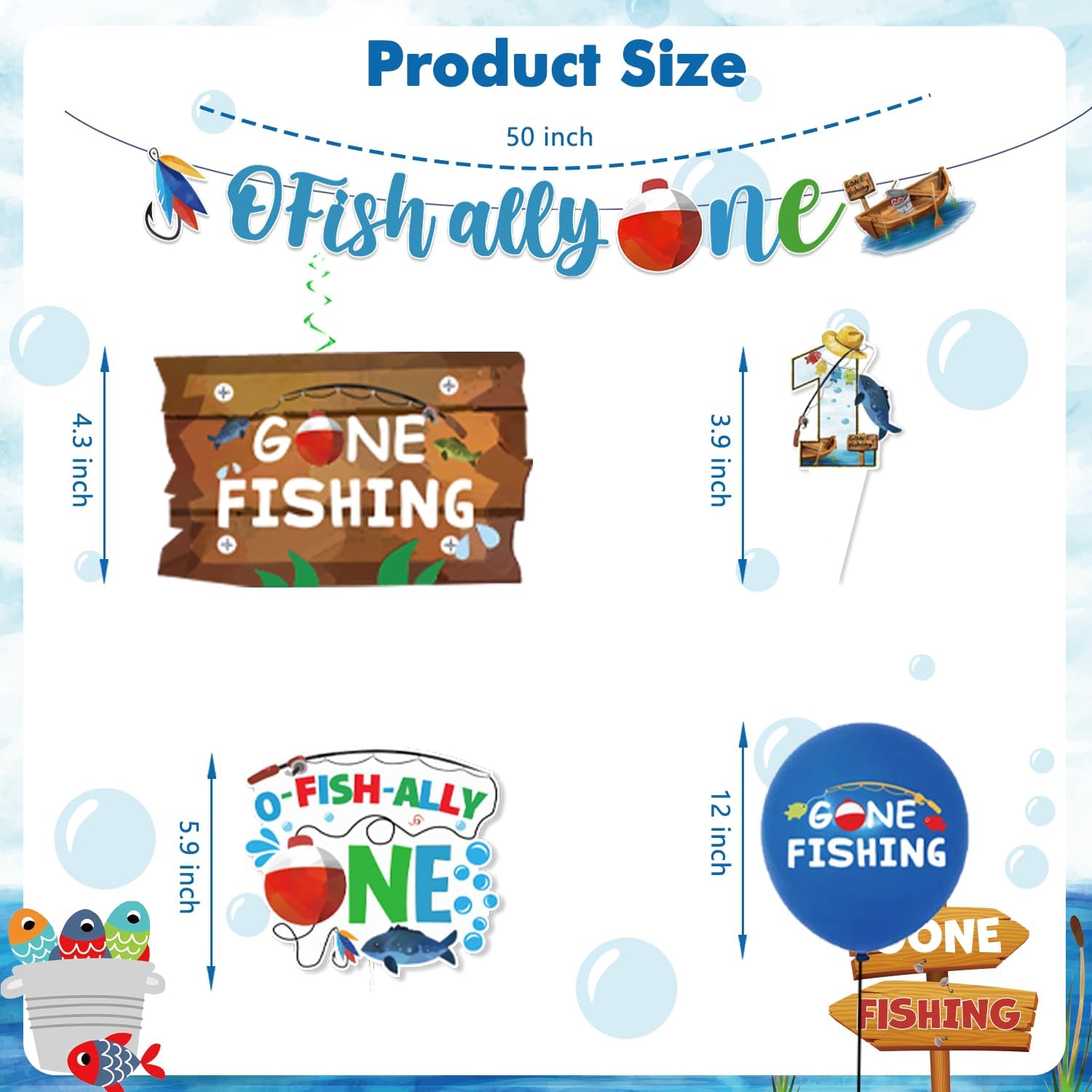 cocomigo 201pcs Ofishally One Birthday Decorations Tableware Set, O Fishally One First Birthday Decorations Plates Banner Cake Topper Ofishally One Balloons for Gone Fishing Party Decorations - Image 3