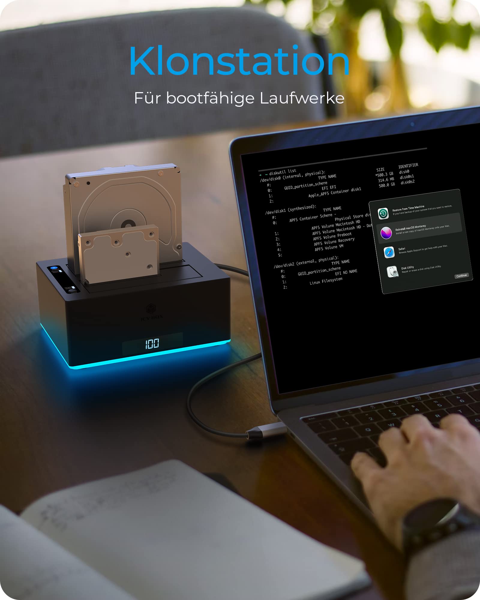 ICY Box USB 3.0 2-Fach Festplatten Docking Station für 2,5" und 3,5" SATA HDD/SSD, RGB, Offline-Klonfunktion, USB-C & USB-A, UASP, IB-127CL-U3