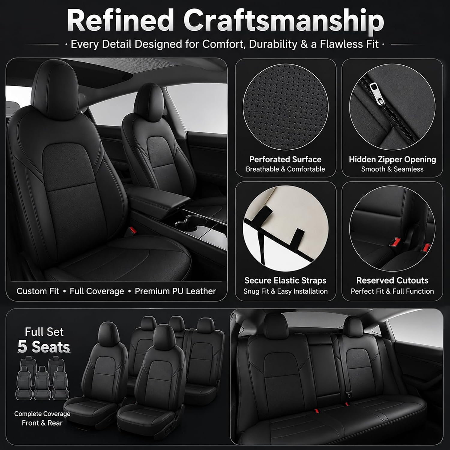 NLQR Front & Rear Full Seat Cover Set PU Leather Perforated Protector Cushion Black Compatible with Tesla Model 3 2017 2018 2019 2020 2021 2022 2023