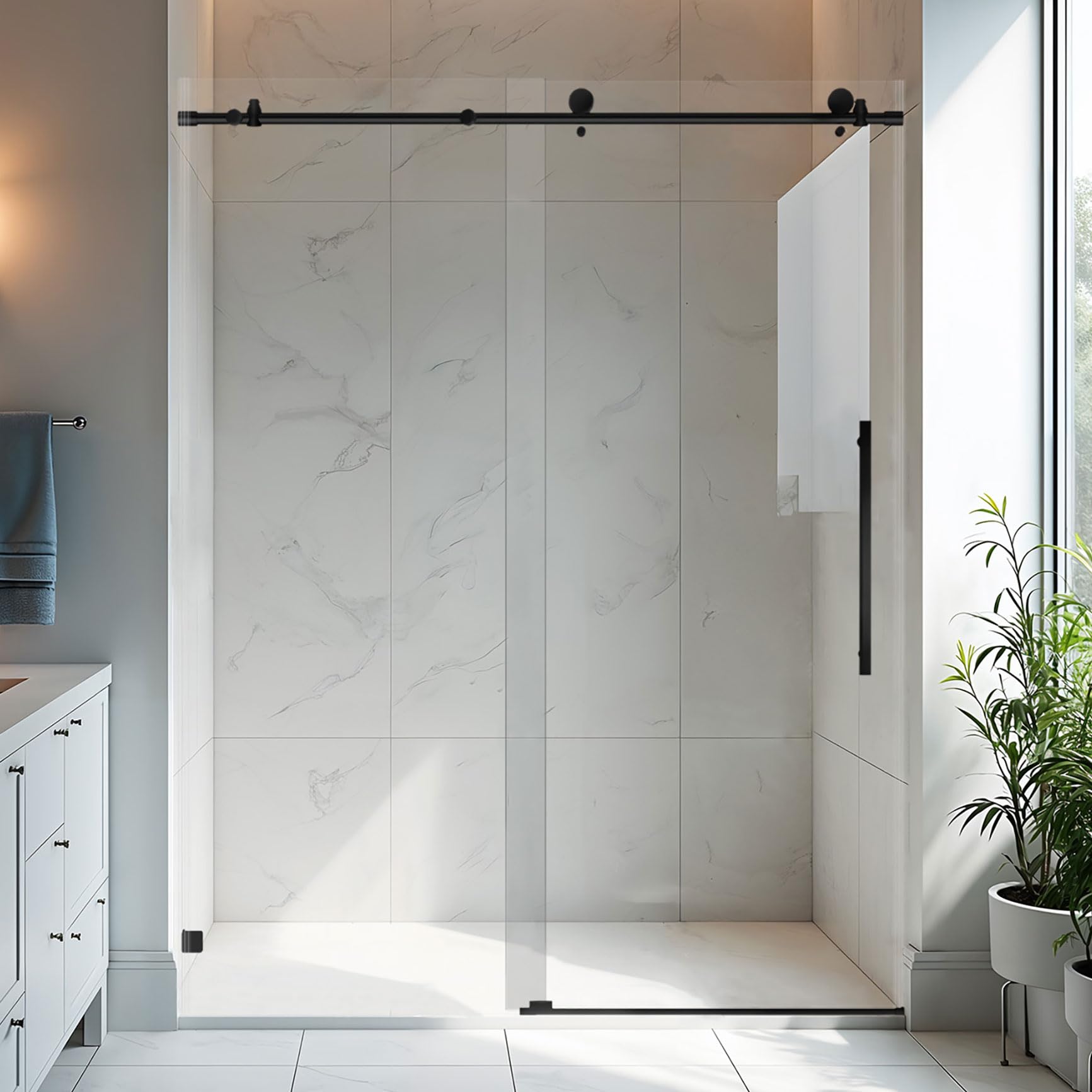 Photo 1 of BoBliss Frameless Sliding Glass Shower Door, 56-60" W x 76" H, 5/16" (8mm) Clear Tempered Glass Bathroom Sliding Door, Stainless Steel Hardware, Matte Black Finish