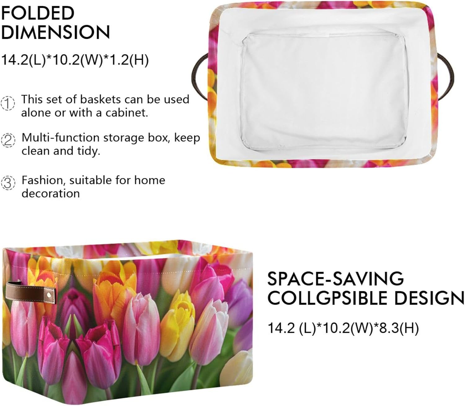 Foldable Canvas Storage Basket with Handles Colorful Tulip Flowers Durable Storage Bin Organizer for Nursery Kids Shelves Desks Printed Canvas Storage Basket