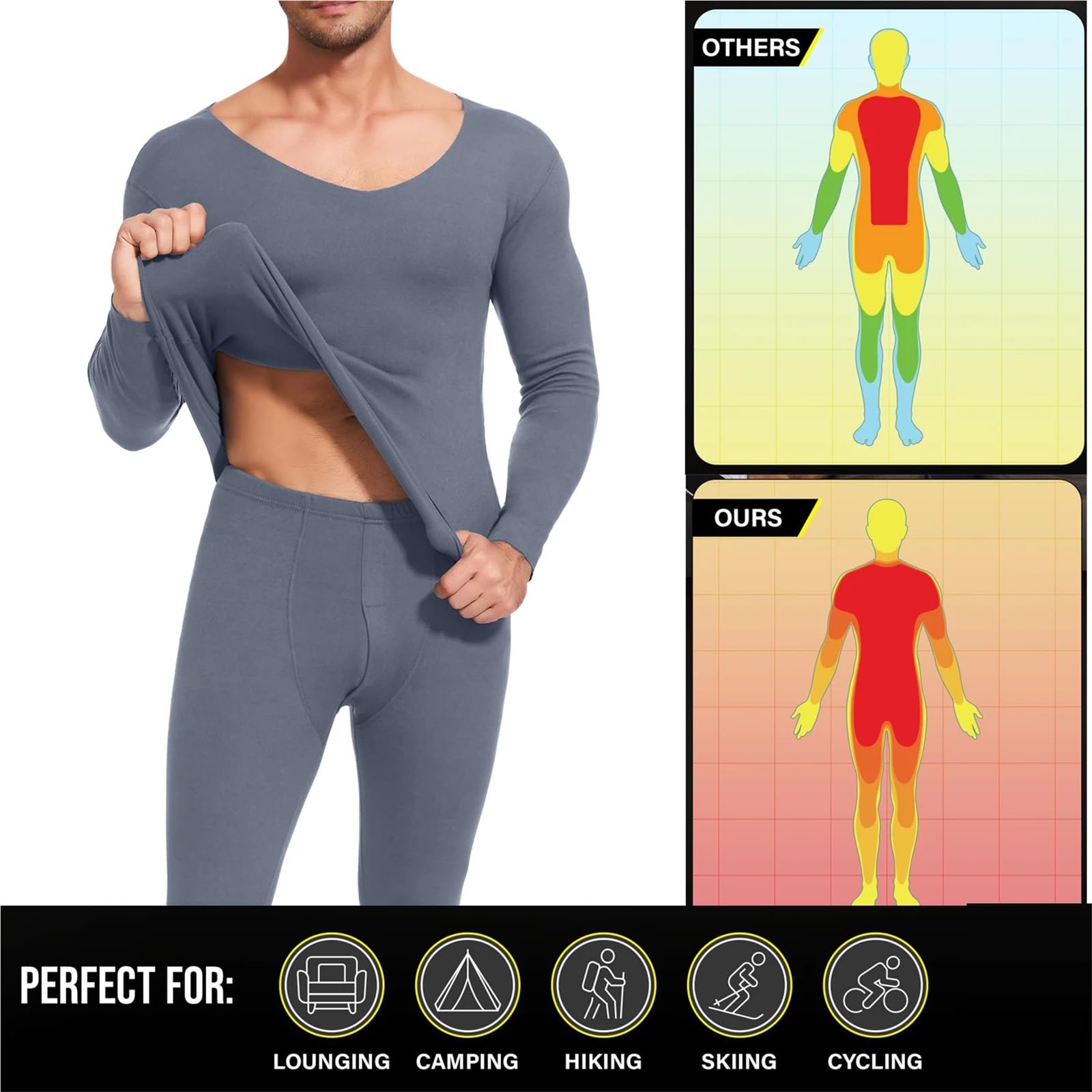 Conjuntos Térmicos Para Hombre Ropa interior térmica cepillada for hombre, conjunto de pantalones de manga larga con cuello en V, sin costuras, cómodos, de invierno Para El Running, El Esquí(Deep-Grey
