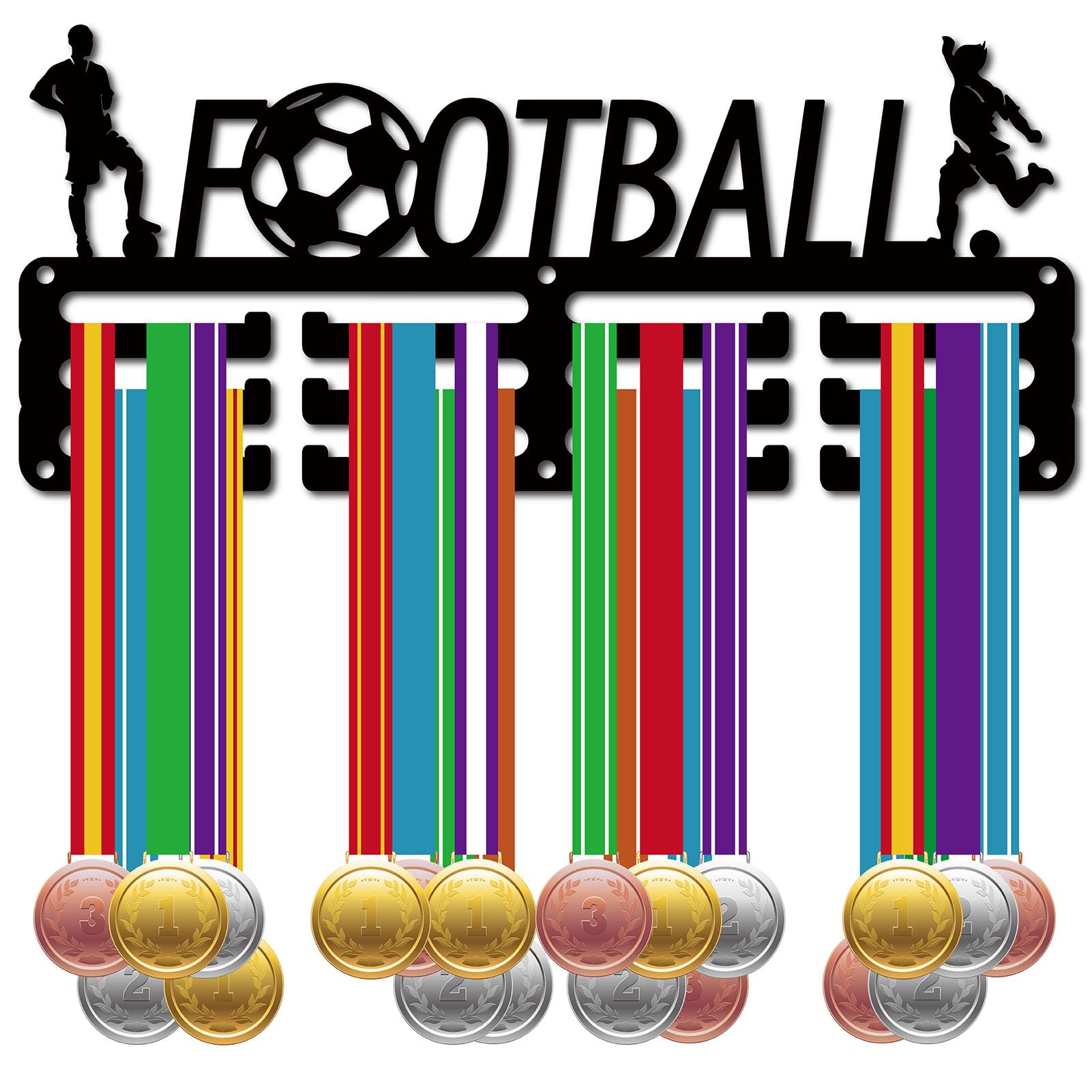 CREATCABIN Soporte para Medallas Fútbol,Colgadores Medallas,Estante Fútbol,Deportes,Premios Colgantes Metal,Hierro,Montaje Pequeño,Decoración,Premios para Mujeres,Pared,Hogar,Insignia,Negro,29x12.8cm