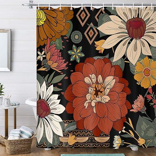 Miniatura 3 de Cortina de ducha con diseño floral retro, diseño bohemio abstracto, diseño botánico abstracto, moderno y estético, moderno de mediados de siglo