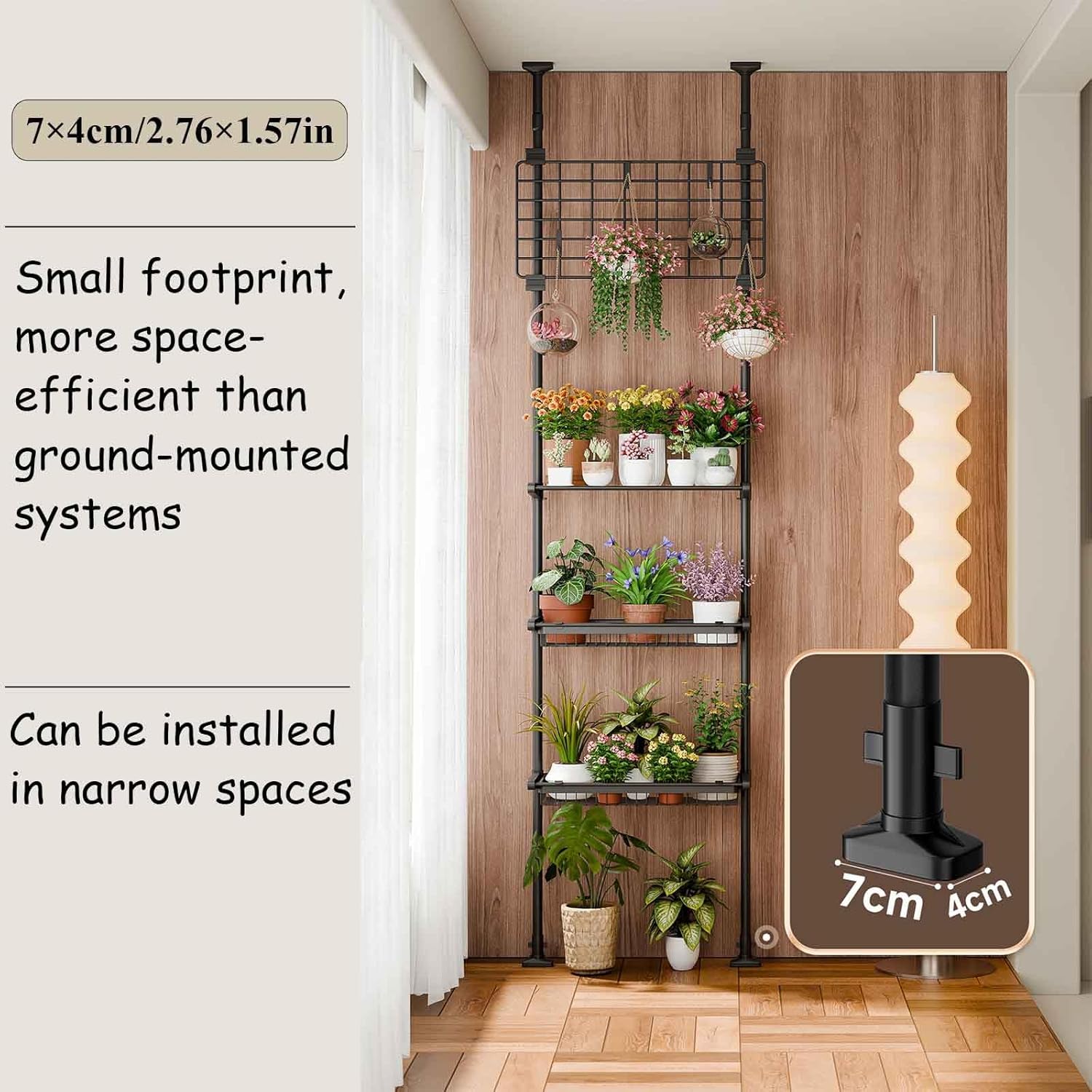 4-Tier Adjustable Indoor Plant Rack, Multi-Tier Flower Pot Display Rack, Telescopic Spring Tie Rod, Floor to Ceiling Flower Pot Storage Shelf with Hooks, Tension-Fixed Open-Type Tall Plant Shelf