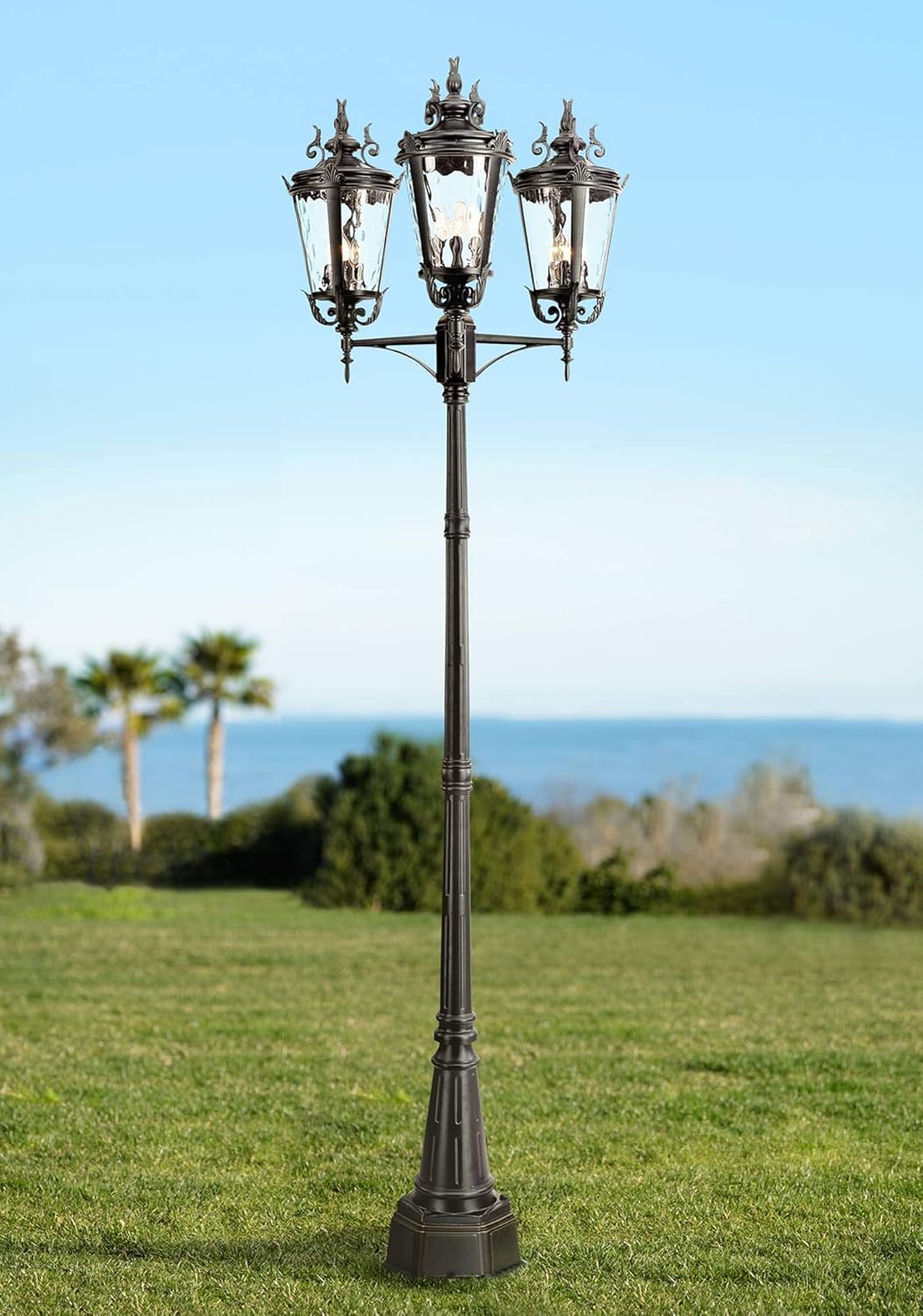 John Timberland Marseille Traditional Outdoor Post Light Street Lantern 3-Light Fixture Textured Black 100" Clear Hammered Glass Lantern Exterior House Porch Patio Outside Deck Yard Driveway