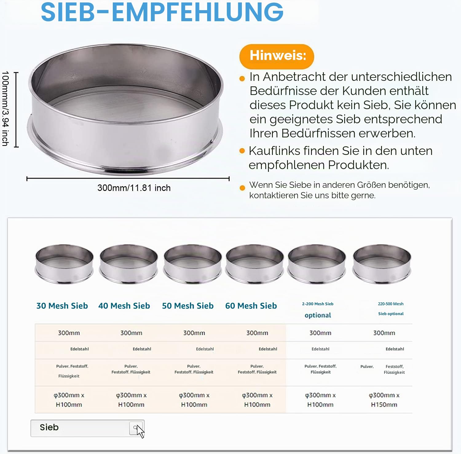 YUCHENGTECH Elektrisches Vibrationssieb φ 300mm Automatische Pulversiebmaschine Elektrisches Mehlsieb aus Edelstahl Elektrische Siebmaschine für Pulver/Granulat 1350 U/min 50W（ohne Sieb）