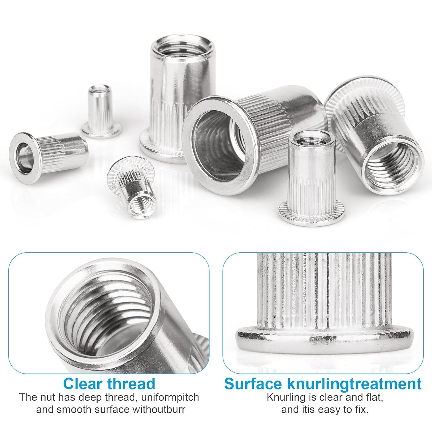 678Pcs Metric Rivet Nut Kits, 304(18-8) Stainless Steel Flat Head Rivnut, M3 M4 M5 M6 M8 M10 M12 Threaded Insert Nutsert