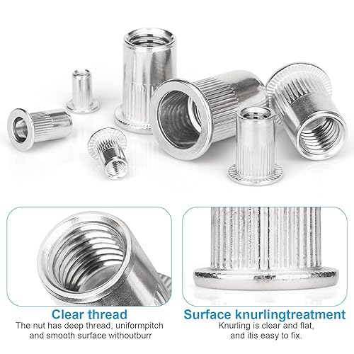 Vista 19 de Tuercas de remache, 50 piezas de 5/16 "-18 UNC, tuerca de inserción roscada de cabeza plana de acero al carbono, tuercas de cuerpo moleteadas