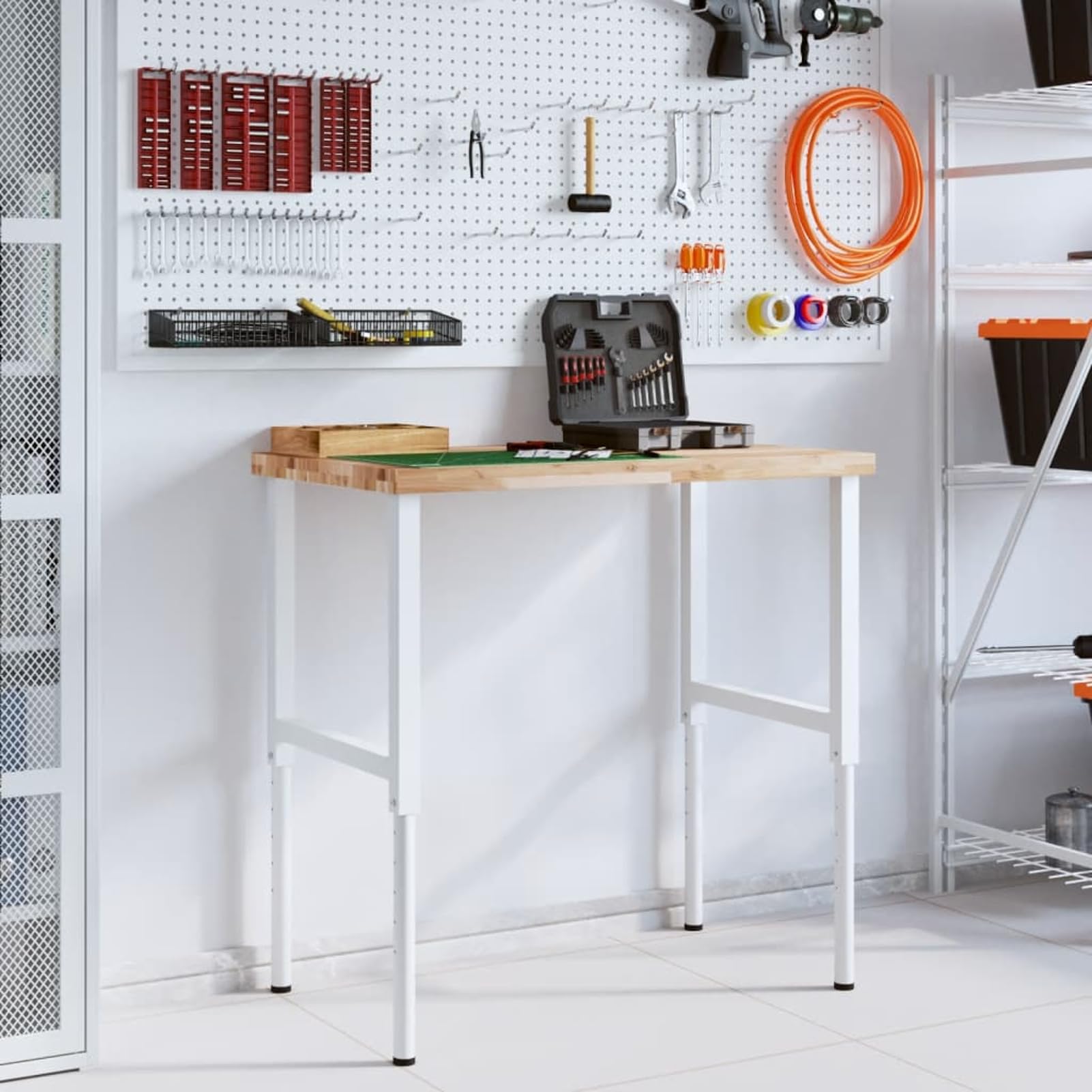 Homgoday Banco da Lavoro in Legno massello di Acacia Non trattato con Gambe in Metallo Grigio Regolabili 100x60x(73-995) cm