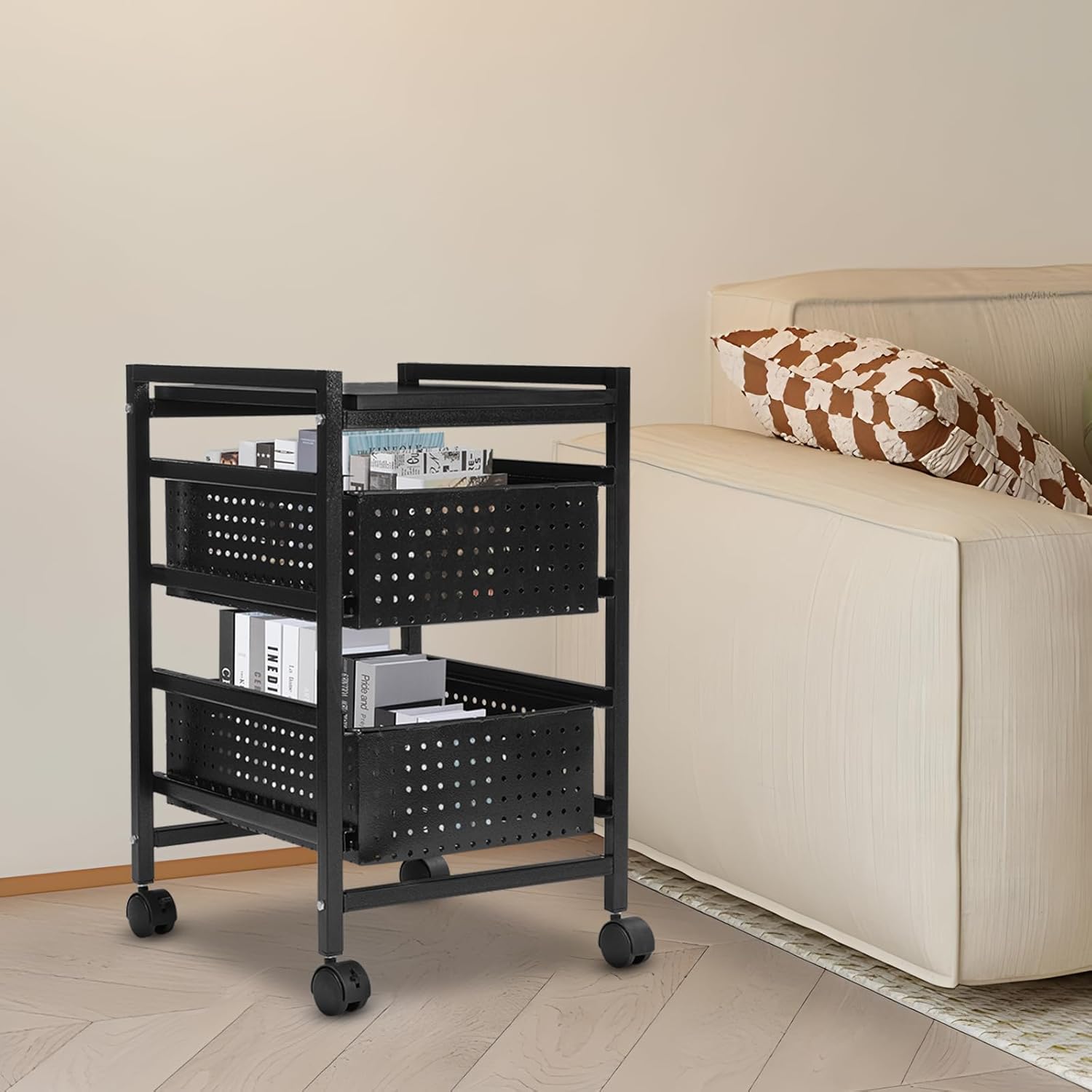 Mobile File Storage Cart with 2 Drawers & Wheels, 44 lbs Load-Bearing Rolling Organizer, Black Steel Utility Cart for Office, Classroom, Home